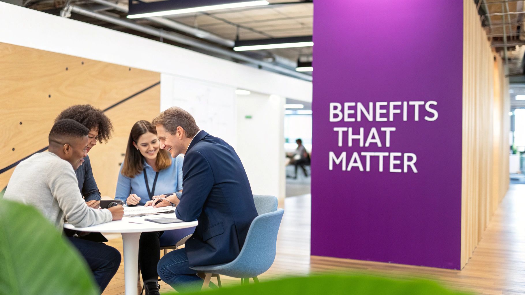 Four diverse professionals smiling and collaborating around a table in a modern office with a 'Benefits That Matter' sign.