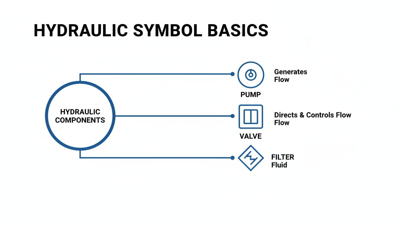 Diagram illustrating basic hydraulic symbols and their functions for pump, valve, and filter.