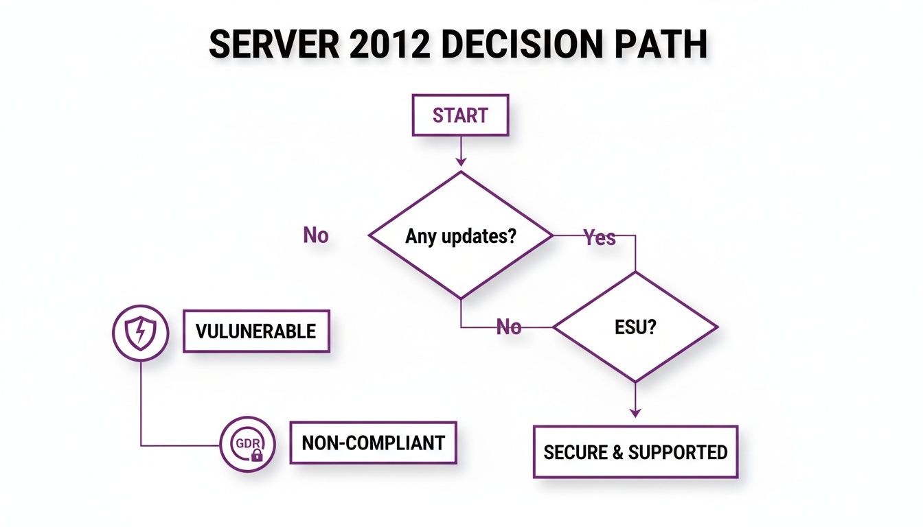 Flowchart illustrating the decision path for Windows Server 2012 updates, leading to secure or vulnerable states.