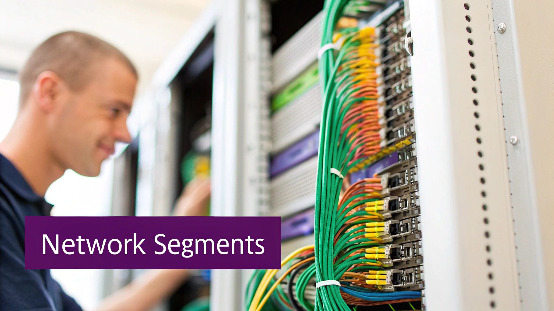 A smiling technician works on a server rack with a dense bundle of colorful network cables.