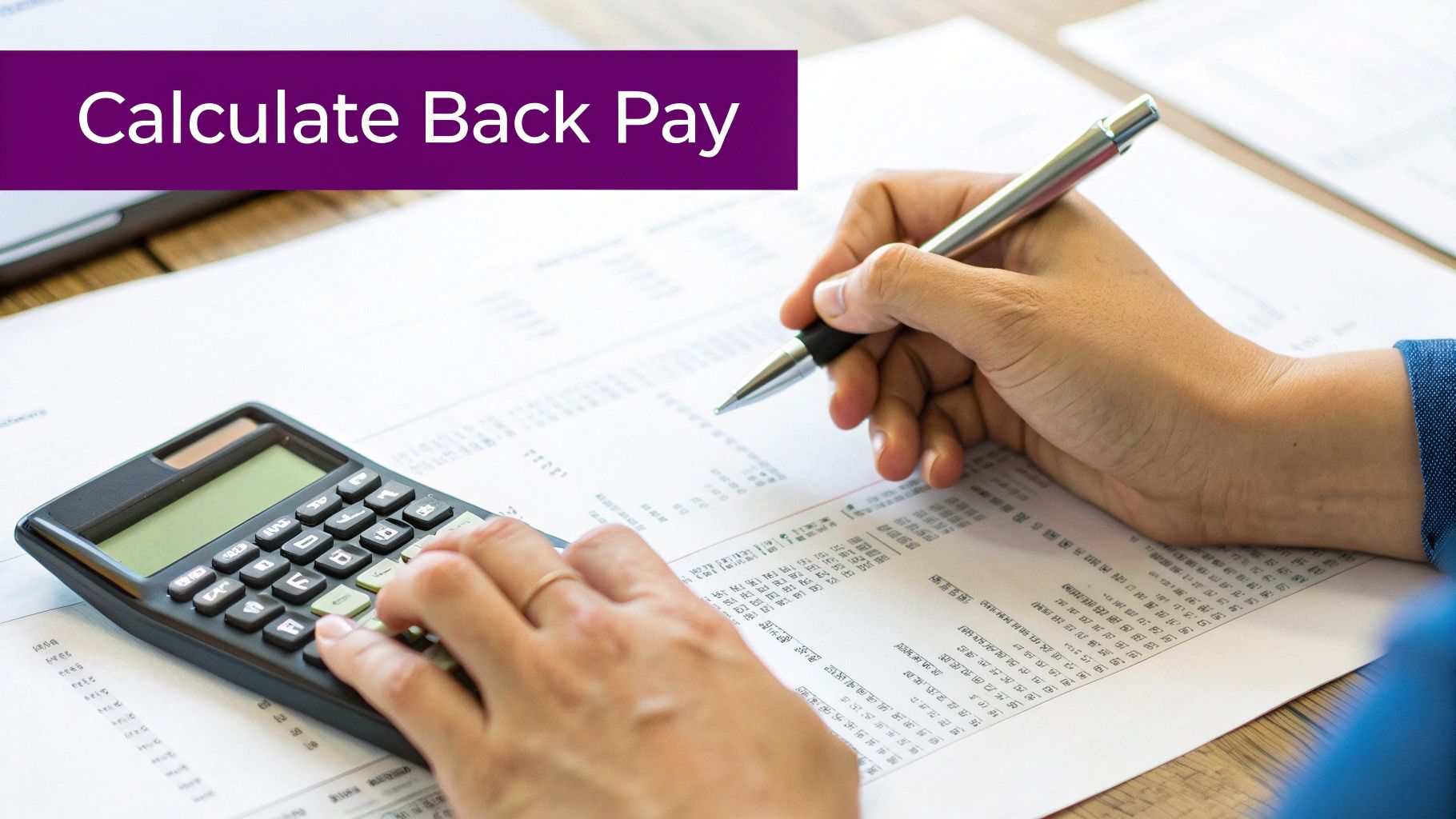 Hands on a calculator and holding a pen, reviewing documents to calculate back pay.
