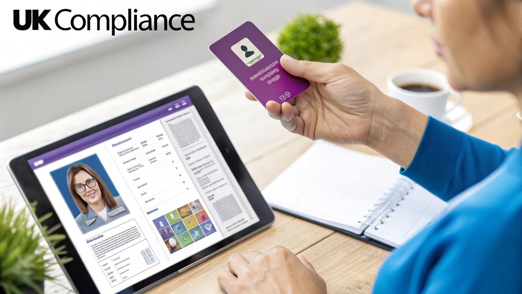 A person holding a purple ID card near a tablet displaying a professional's profile for UK Compliance.