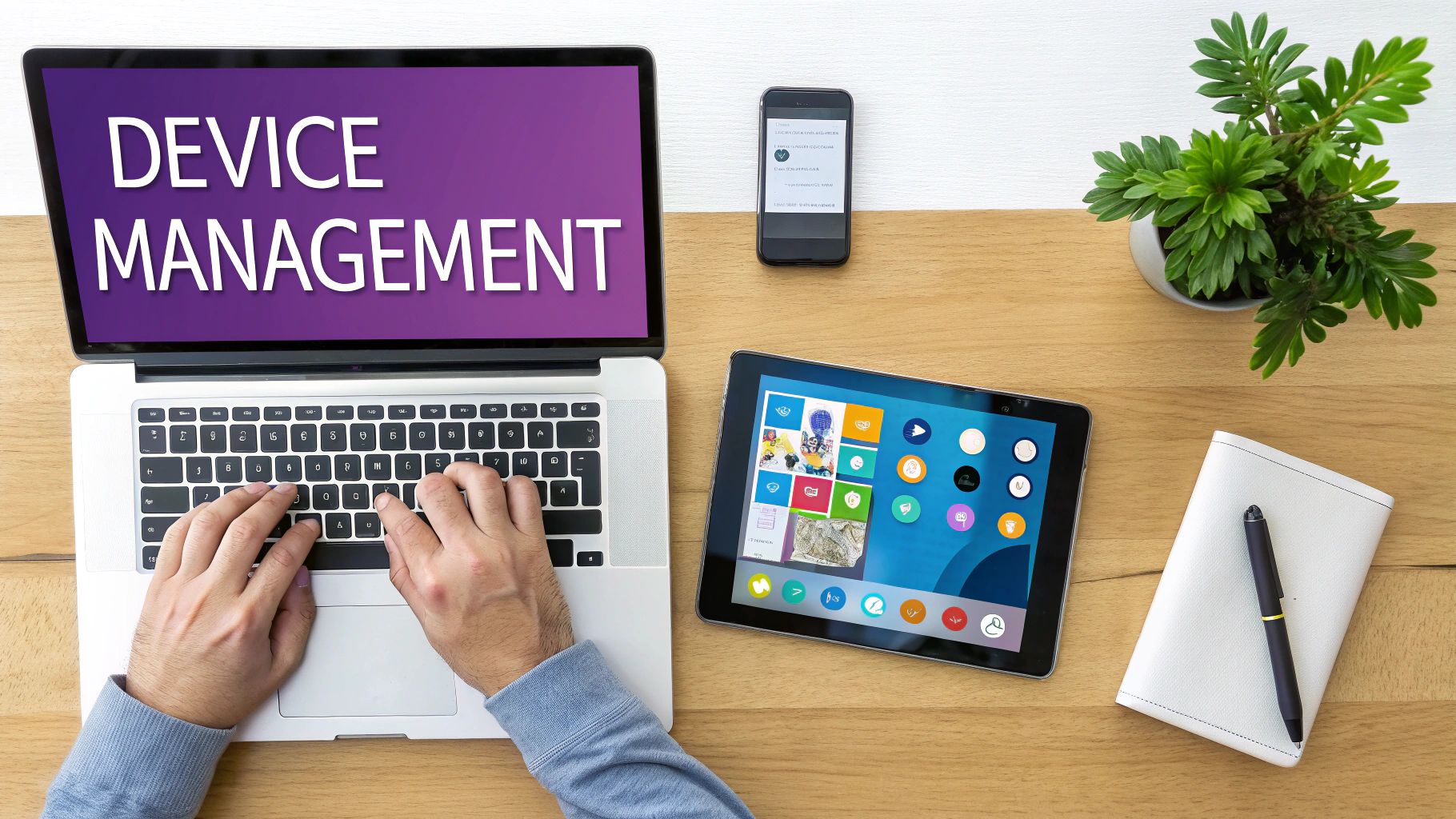 Overhead view of hands typing on a laptop displaying 'DEVICE MANAGEMENT' with a tablet and smartphone.