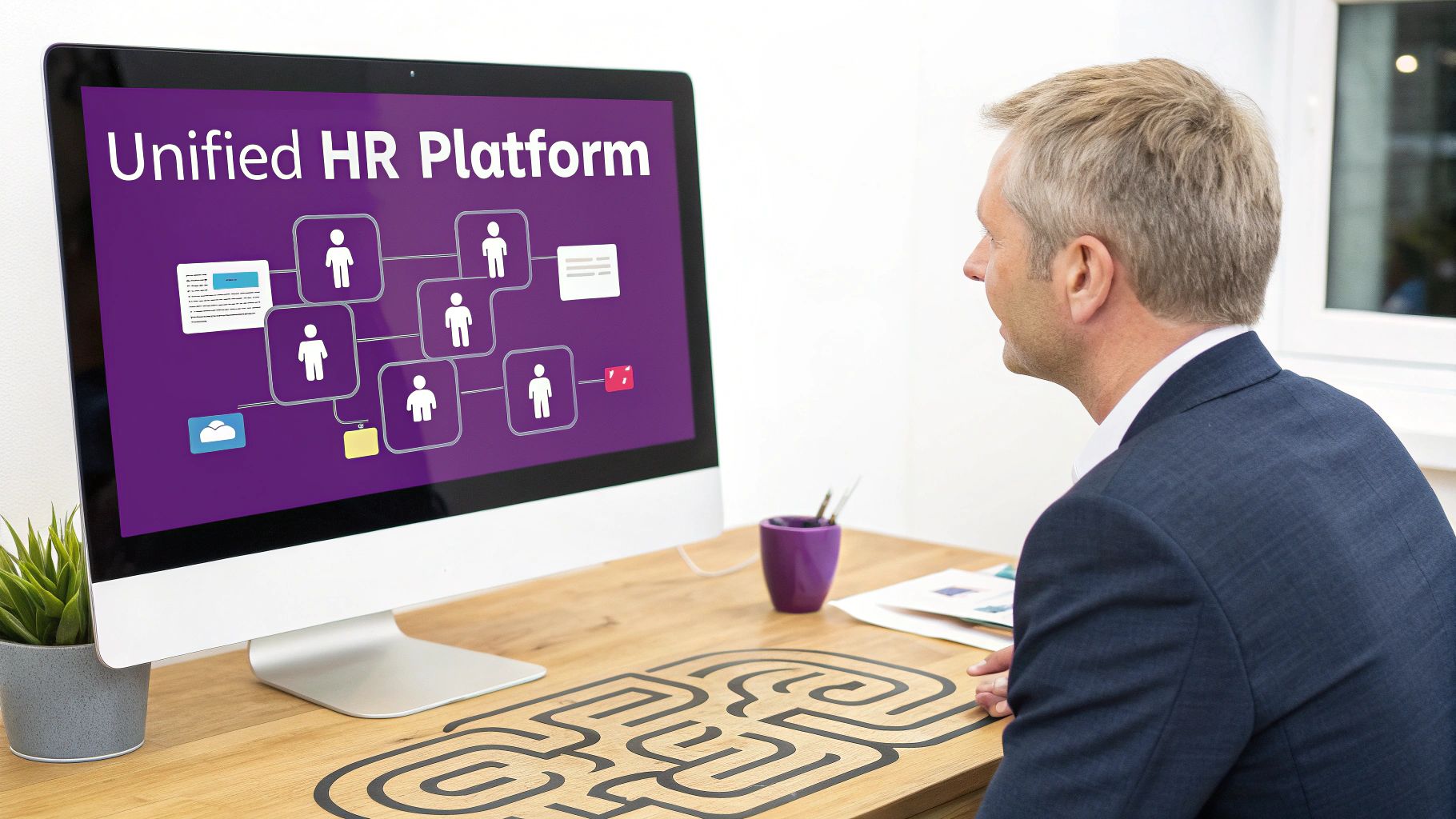 A man in a suit looks at a computer displaying a 'Unified HR Platform' interface.