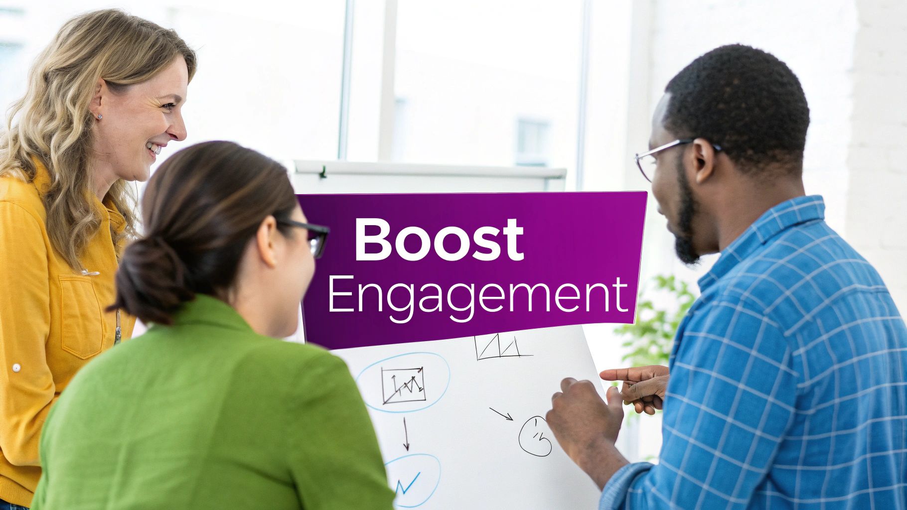 Diverse team collaborating on employee engagement strategies using whiteboard in bright modern office