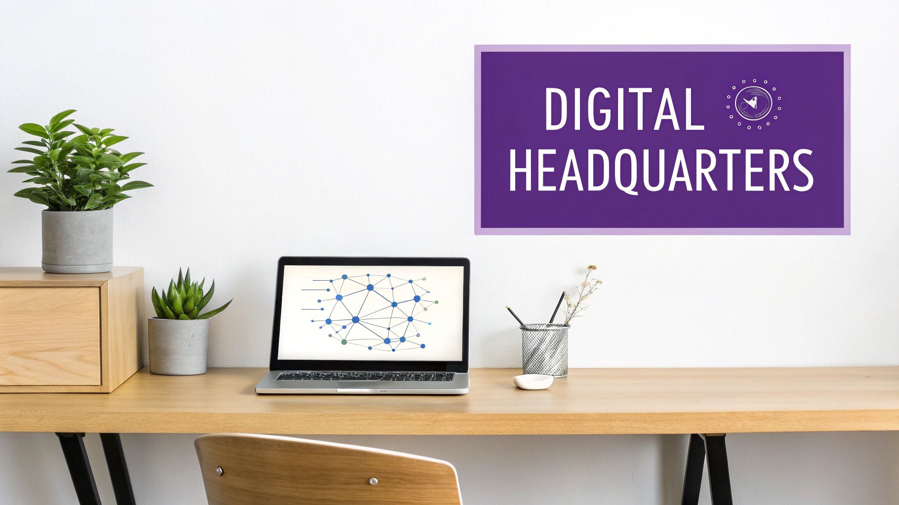 Modern workspace desk with laptop displaying network diagram under purple Digital Headquarters sign with plants