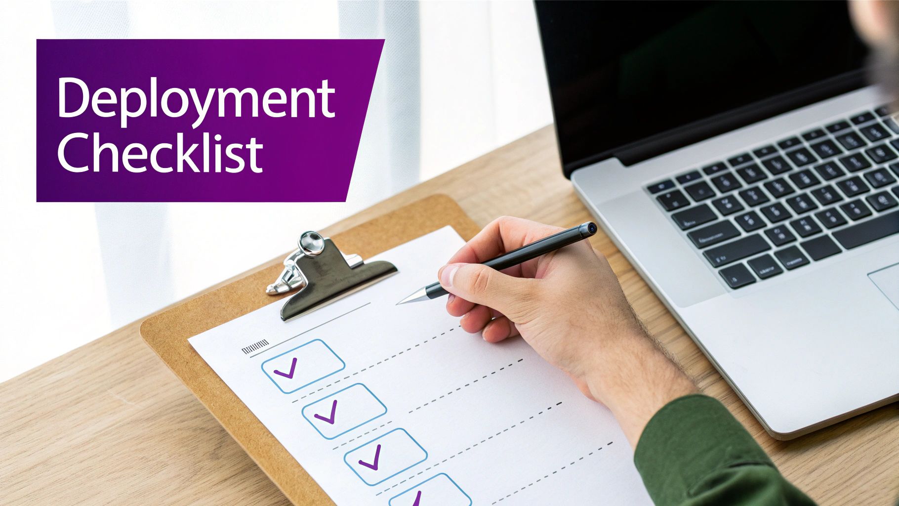 A hand writes on a 'Deployment Checklist' on a clipboard next to a laptop, marking tasks as complete.
