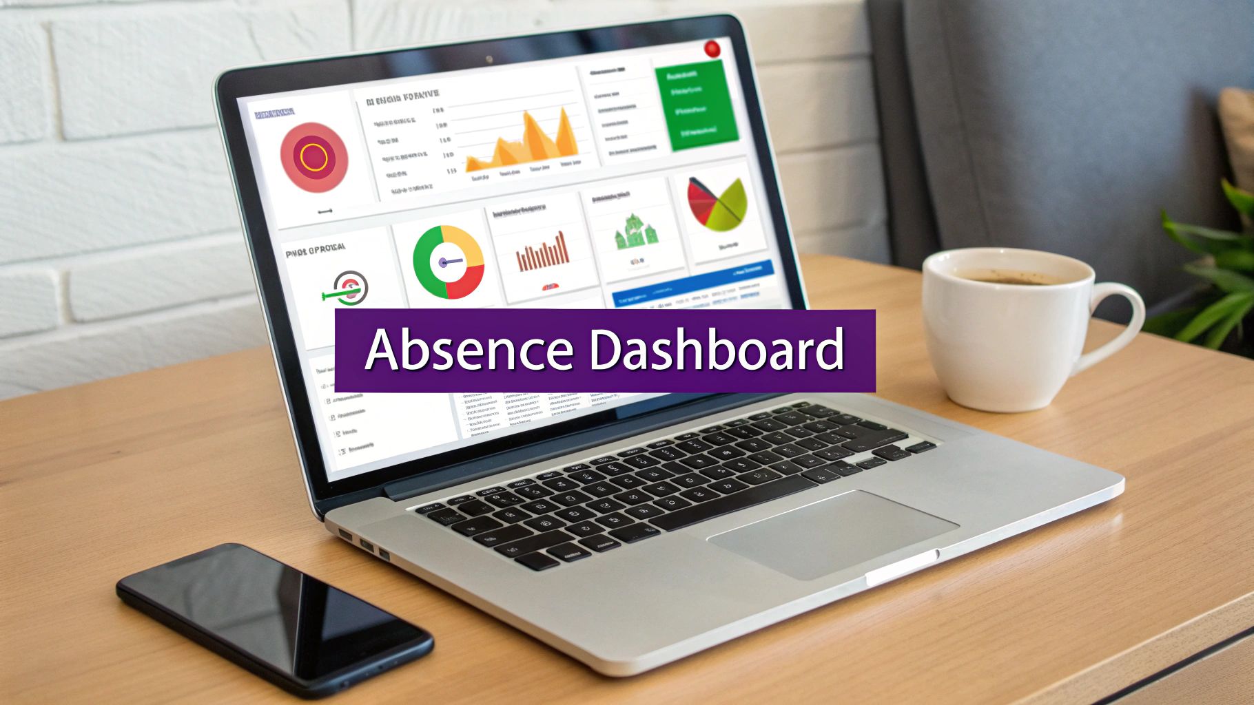 A laptop displaying an absence dashboard with charts and graphs, next to a smartphone and a coffee mug.