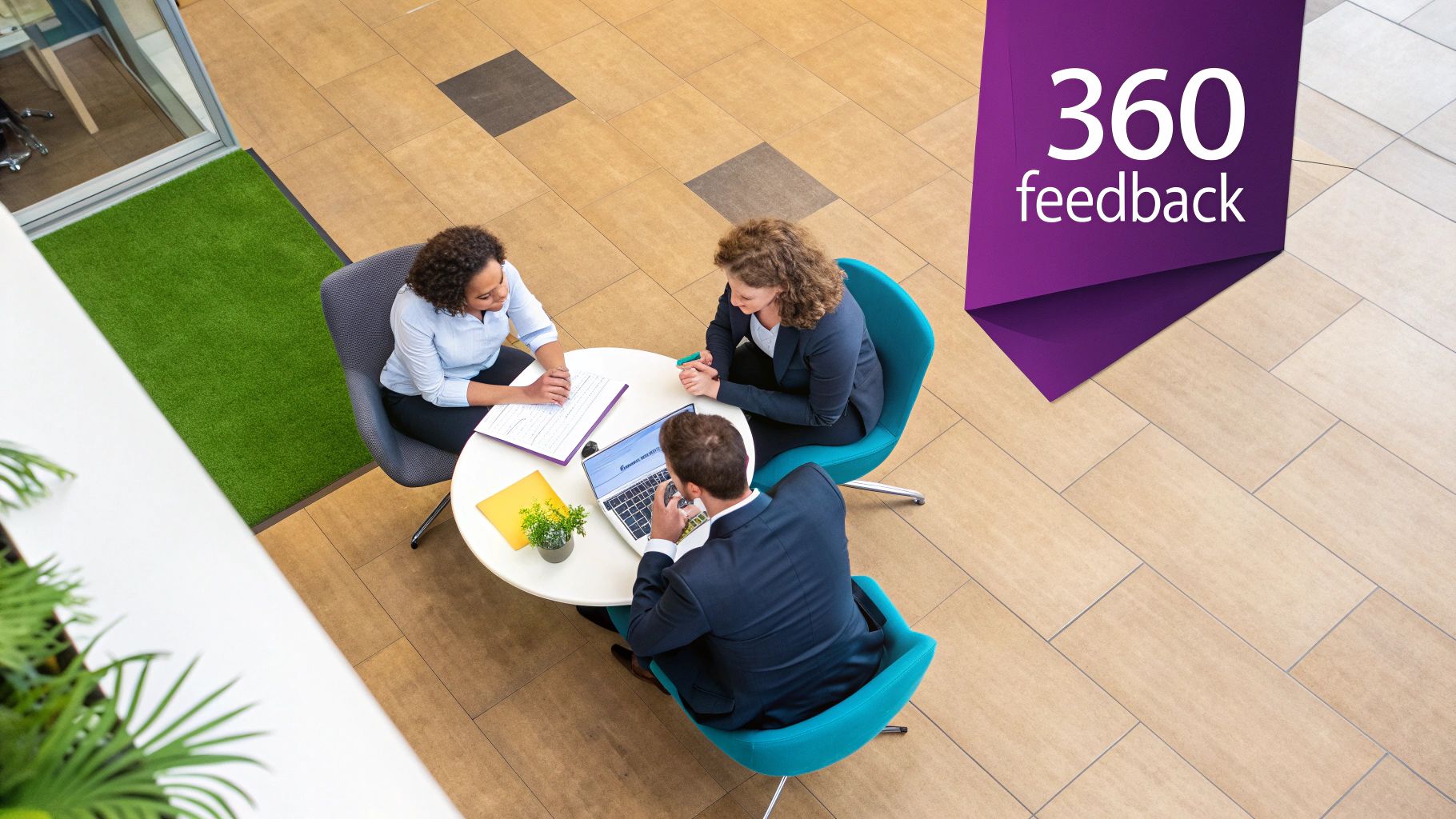 Three diverse professionals engage in a meeting with a laptop and documents, discussing 360 feedback.
