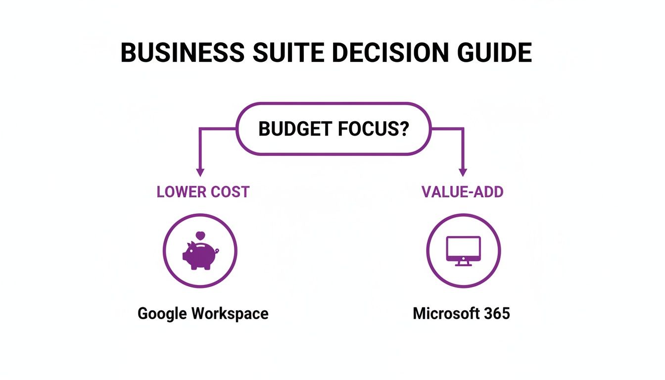 A business suite decision guide flowchart comparing Google Workspace for lower cost and Microsoft 365 for value-add.