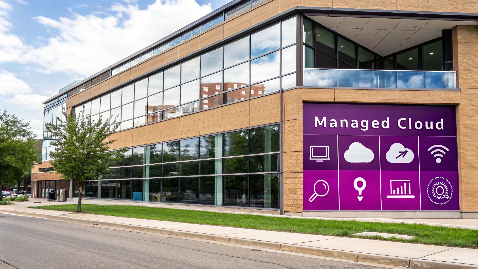 A modern building with a large purple sign advertising 'Managed Cloud' services with icons.