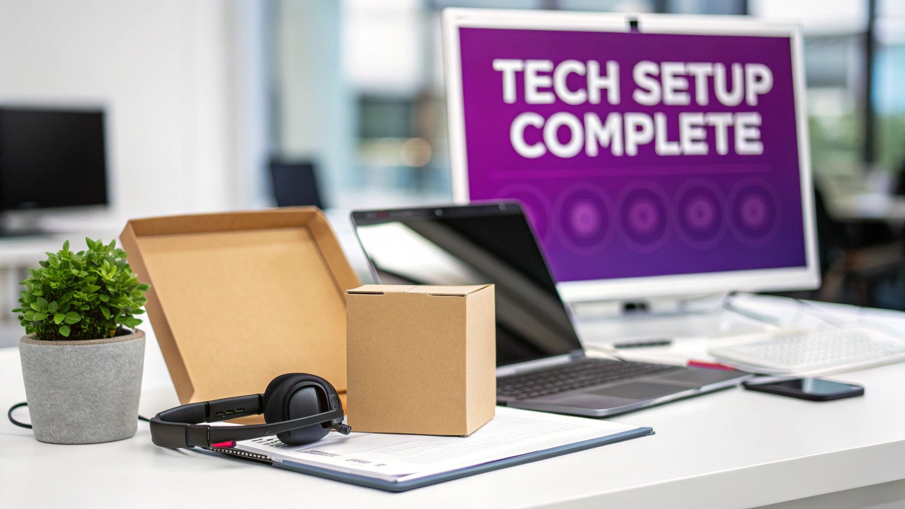 A clean desk set up for a new employee with a laptop, monitor, headphones, and boxes.