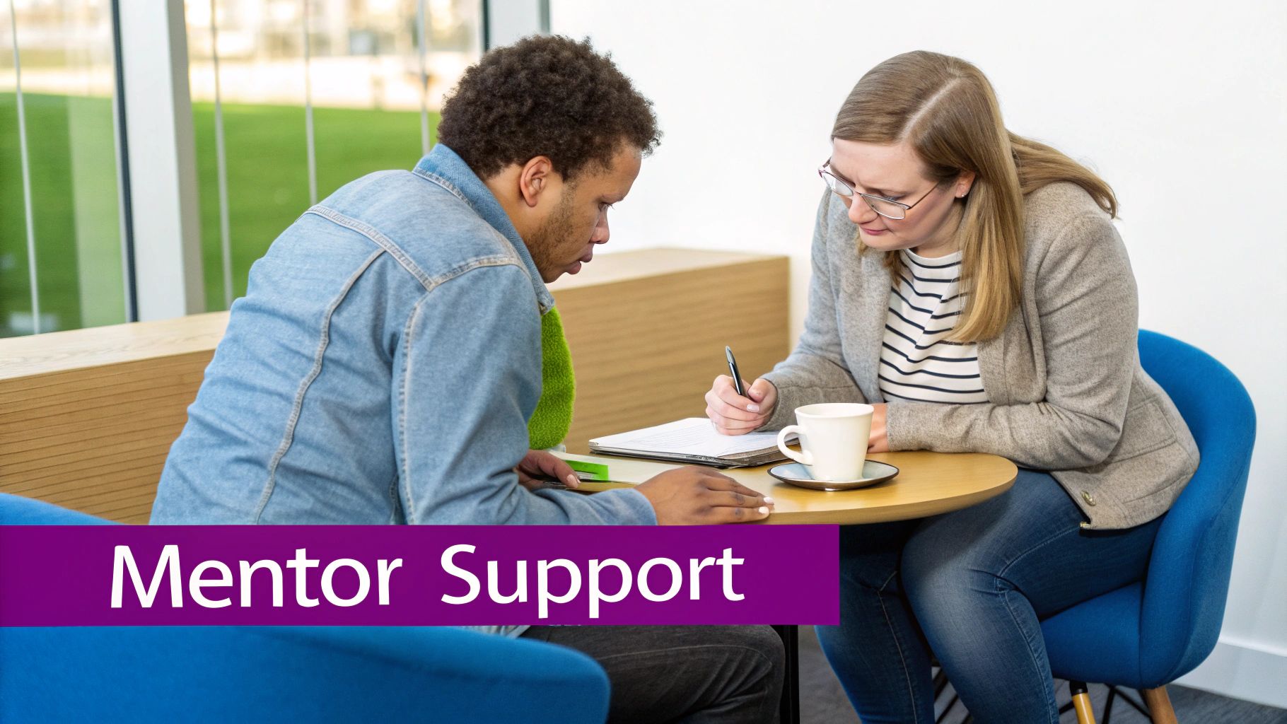A mentor and mentee review documents together at a table, demonstrating support.