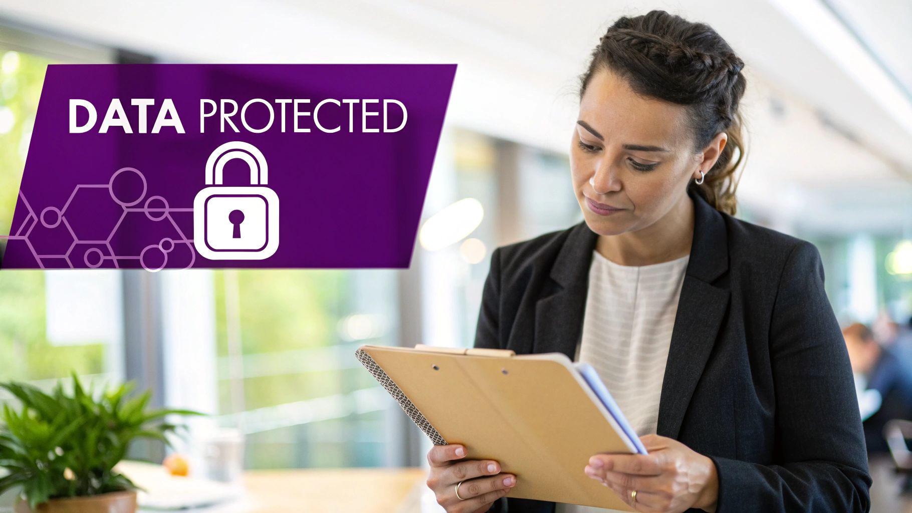 A professional woman in an office reviews documents, with a "DATA PROTECTED" graphic and padlock icon overlaid.