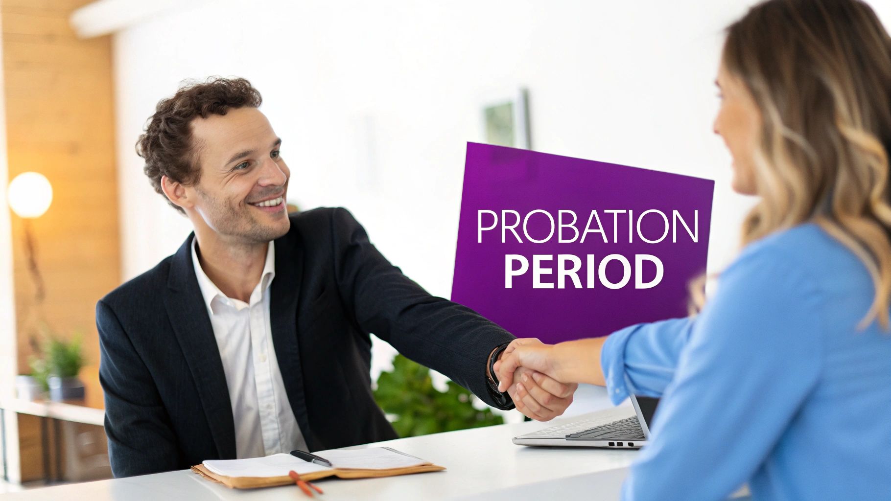 A manager and a new employee having a positive discussion at a desk.