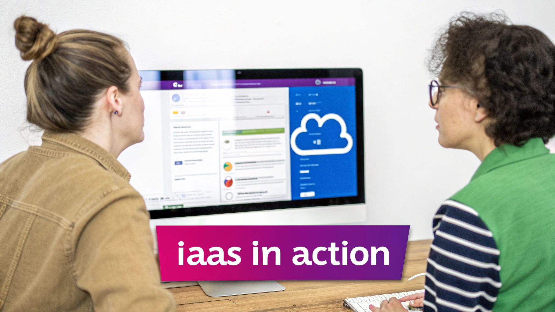 Two people are seen from behind, collaboratively viewing a computer screen displaying a cloud service interface with 'iaas in action' text.