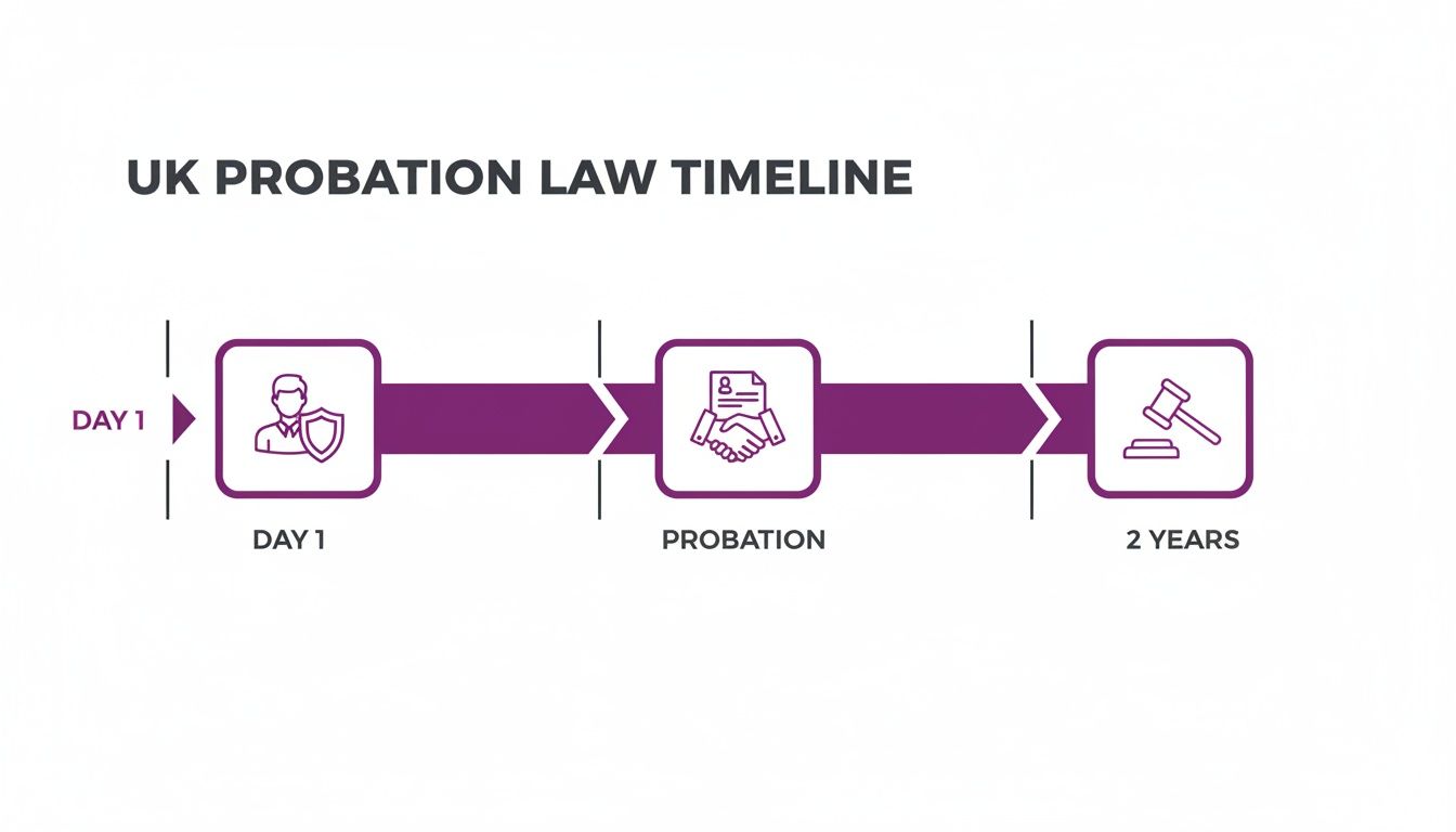 Timeline illustrating the UK probation law process from Day 1 through the probation period to 2 years.