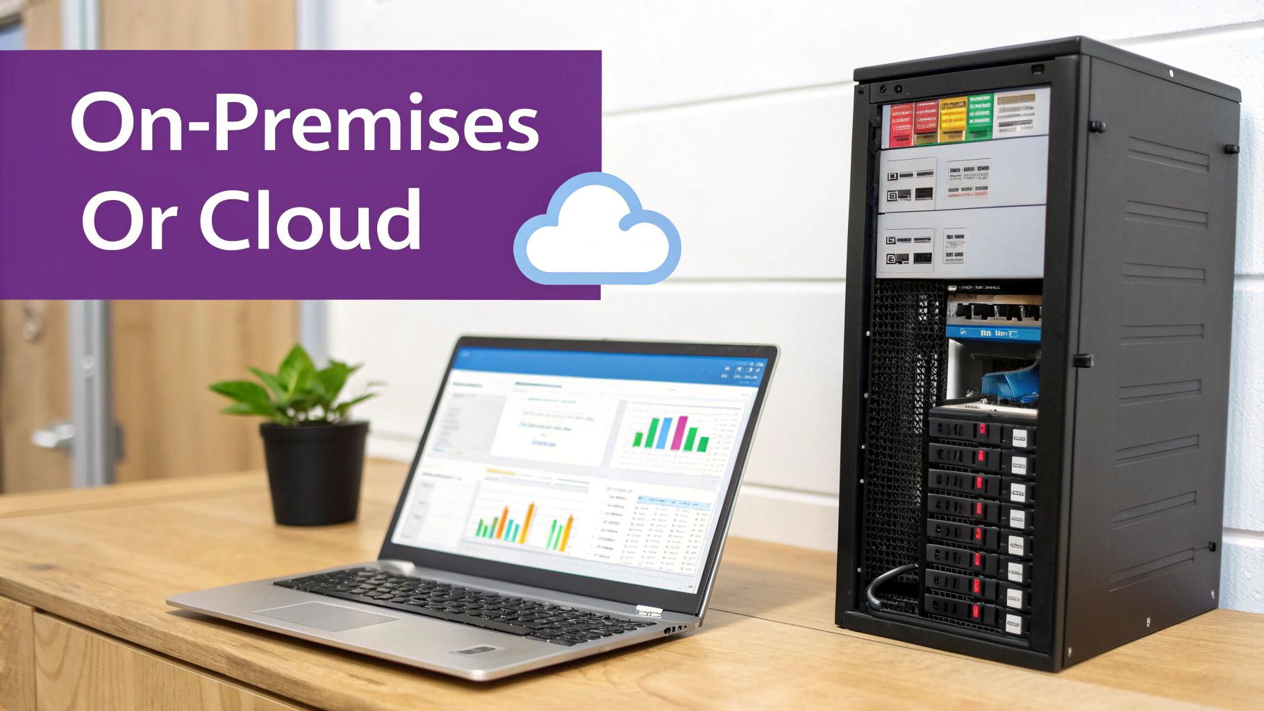 Server rack and laptop with charts, symbolizing on-premises vs cloud business solutions.