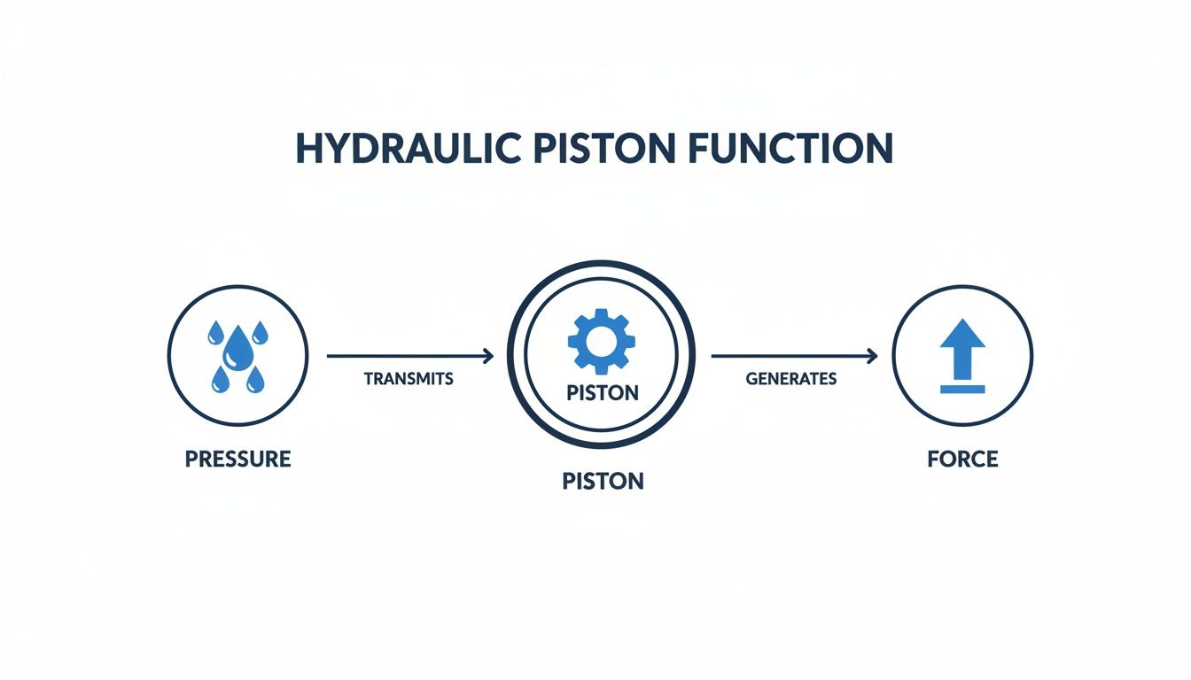 A diagram illustrating the function of a hydraulic piston, showing pressure transmitting to the piston, which then generates force.