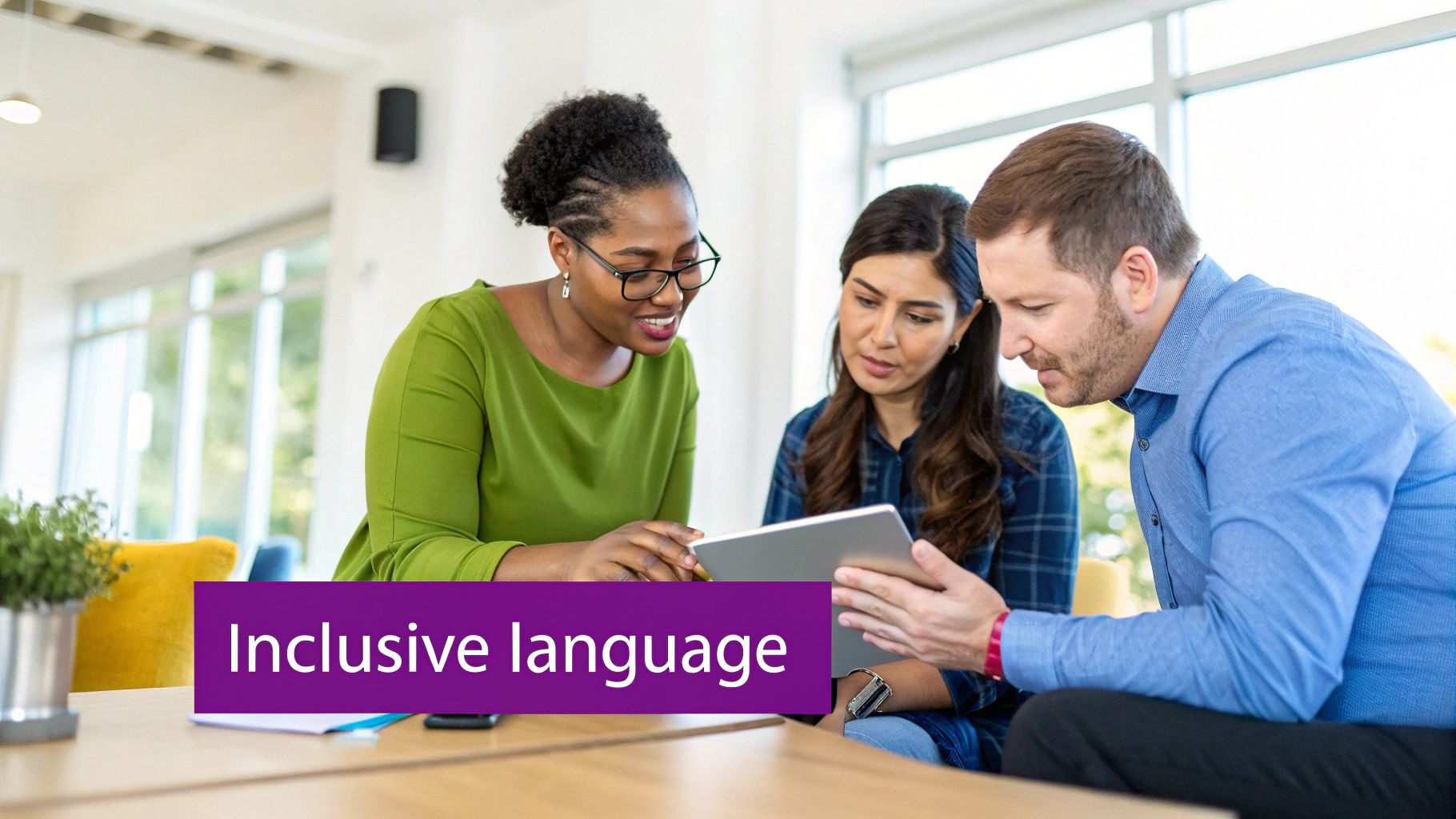 Three diverse colleagues collaborate on a tablet, promoting inclusive language in a bright office.