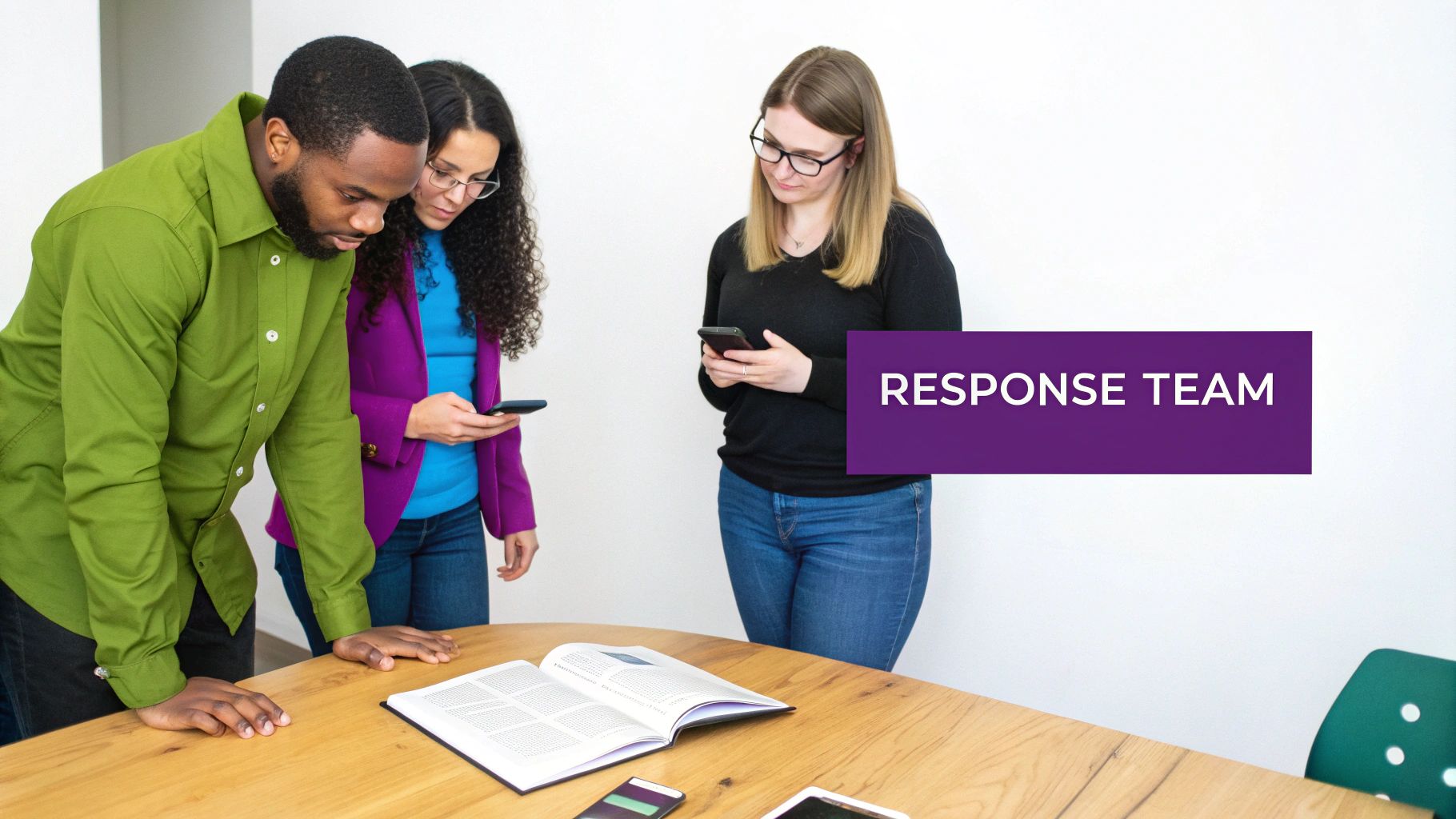 A team of professionals collaborating around a table, planning their response strategy.