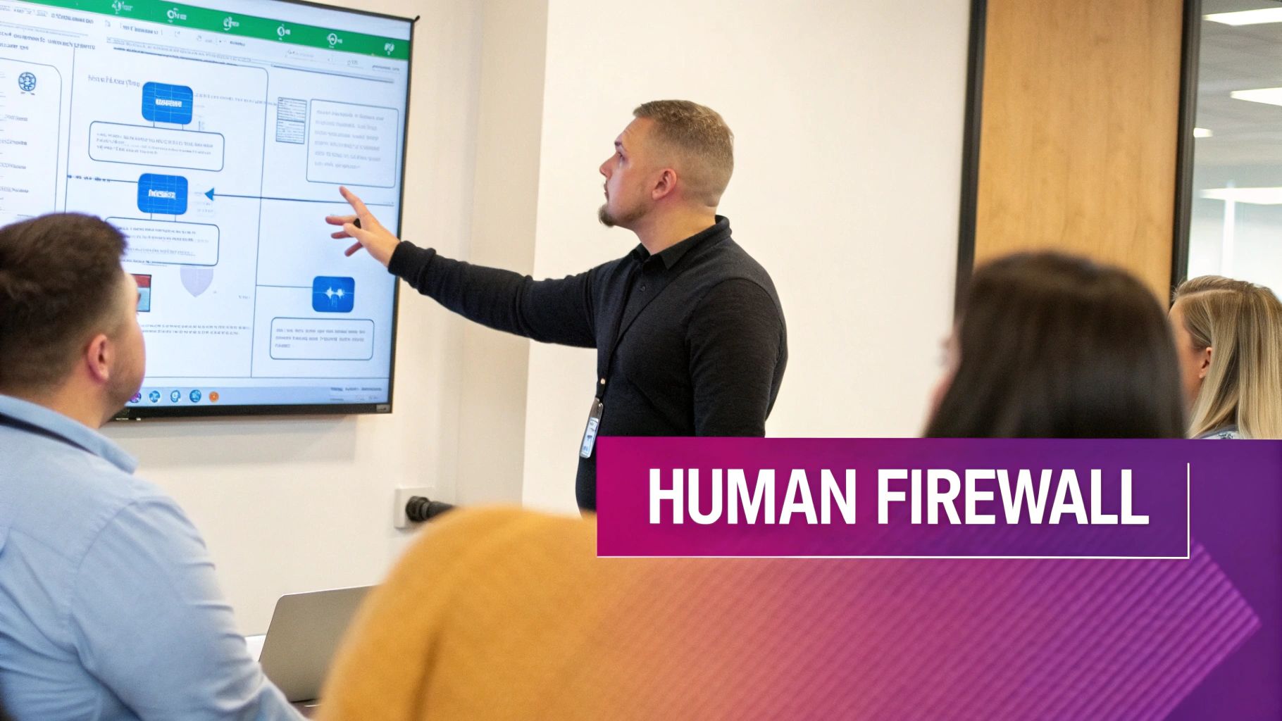 A group of diverse office workers collaborating and looking at a computer screen, representing a team effort in cybersecurity.