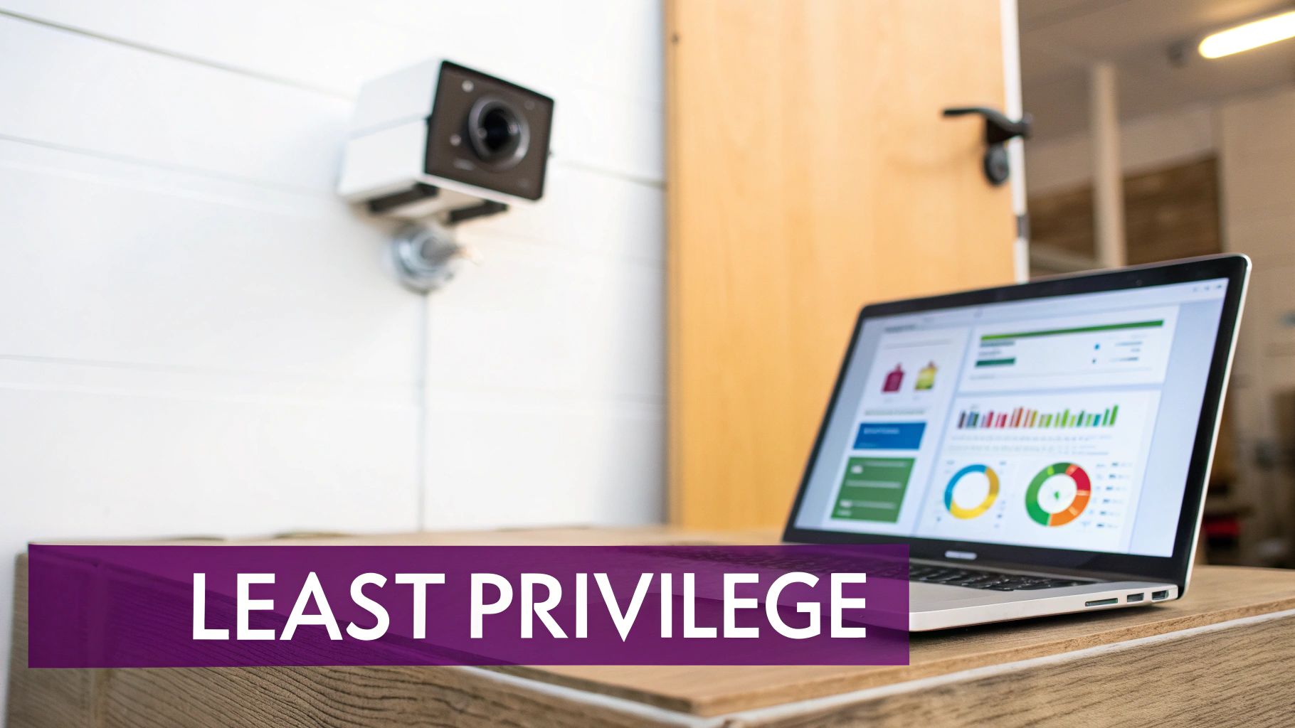 A security camera overlooking a laptop displaying data, with a 'LEAST PRIVILEGE' banner.