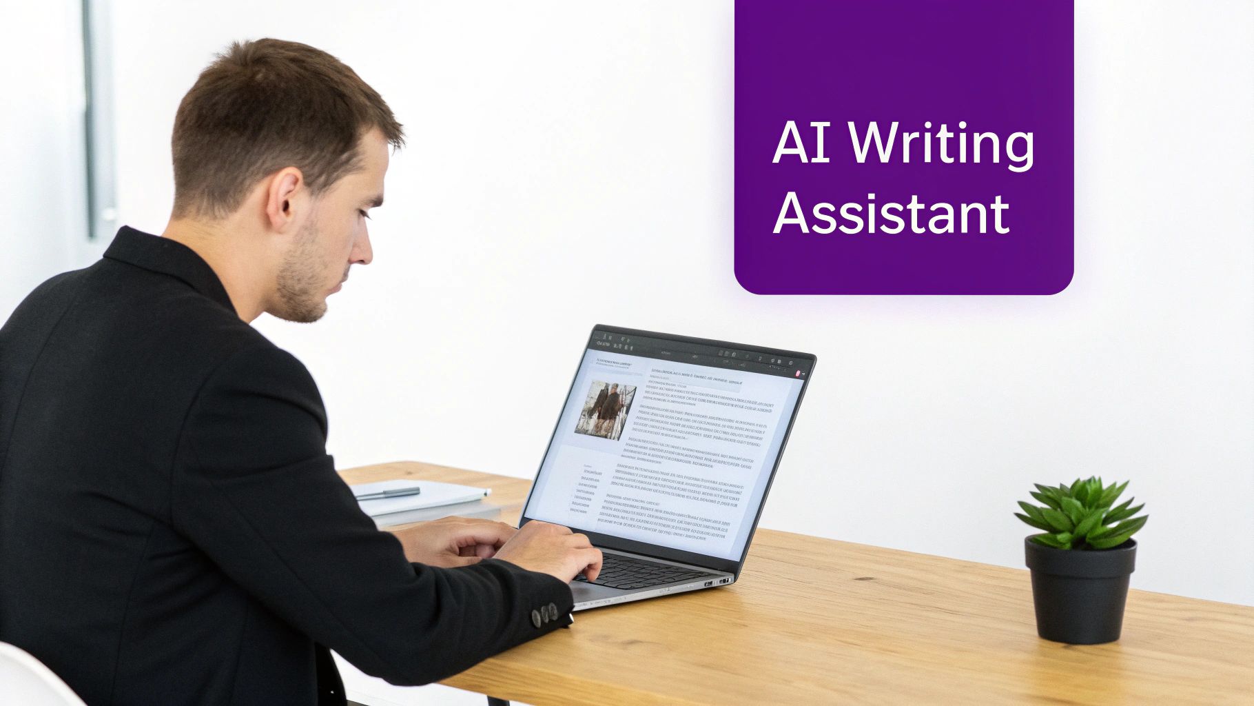 A man in a black blazer is typing on a laptop, using an AI writing assistant application.