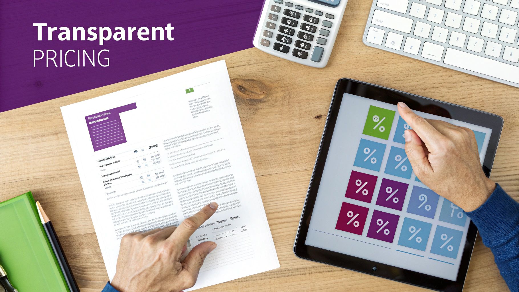 Hands interact with a tablet displaying percentage tiles, a document, calculator, and keyboard on a desk. Text reads 'Transparent PRICING'.