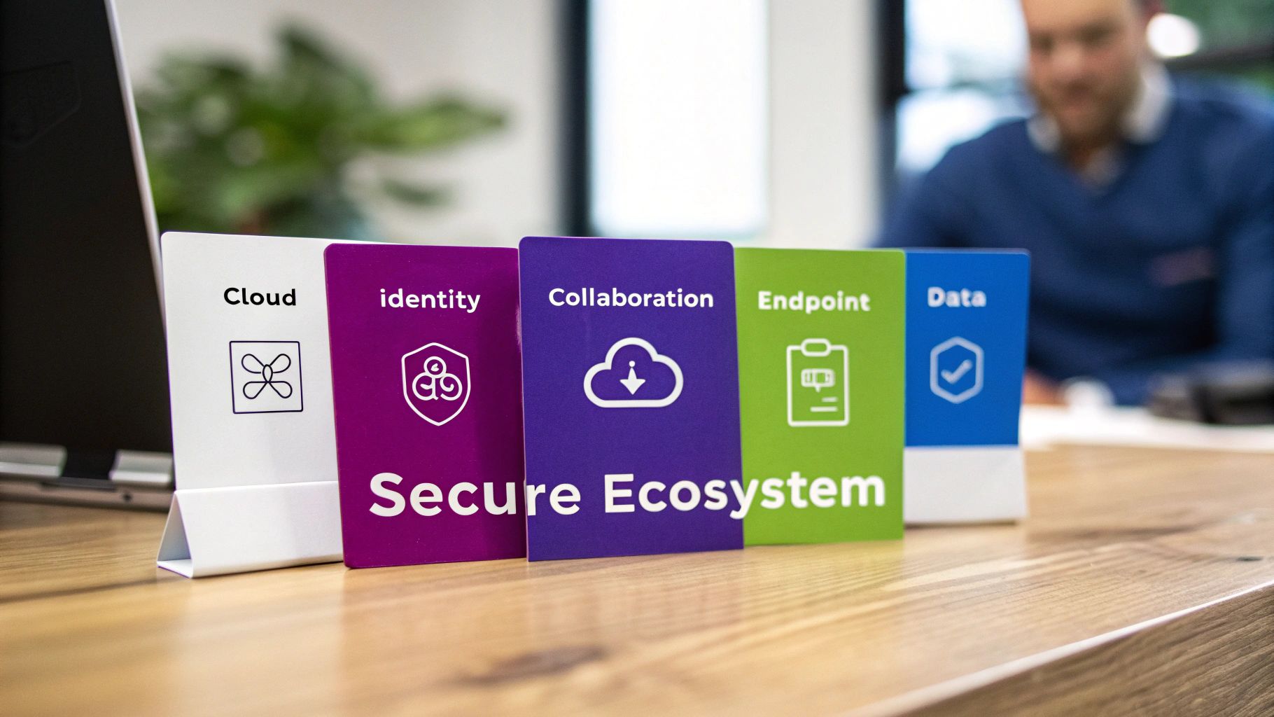 Five colorful cards displaying cloud identity collaboration endpoint and data security ecosystem components on desk