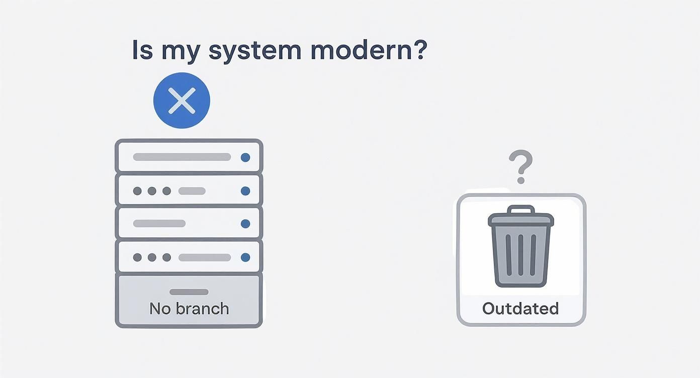 A diagram asks 'Is my system modern?', showing legacy servers and an 'Outdated' trash icon.