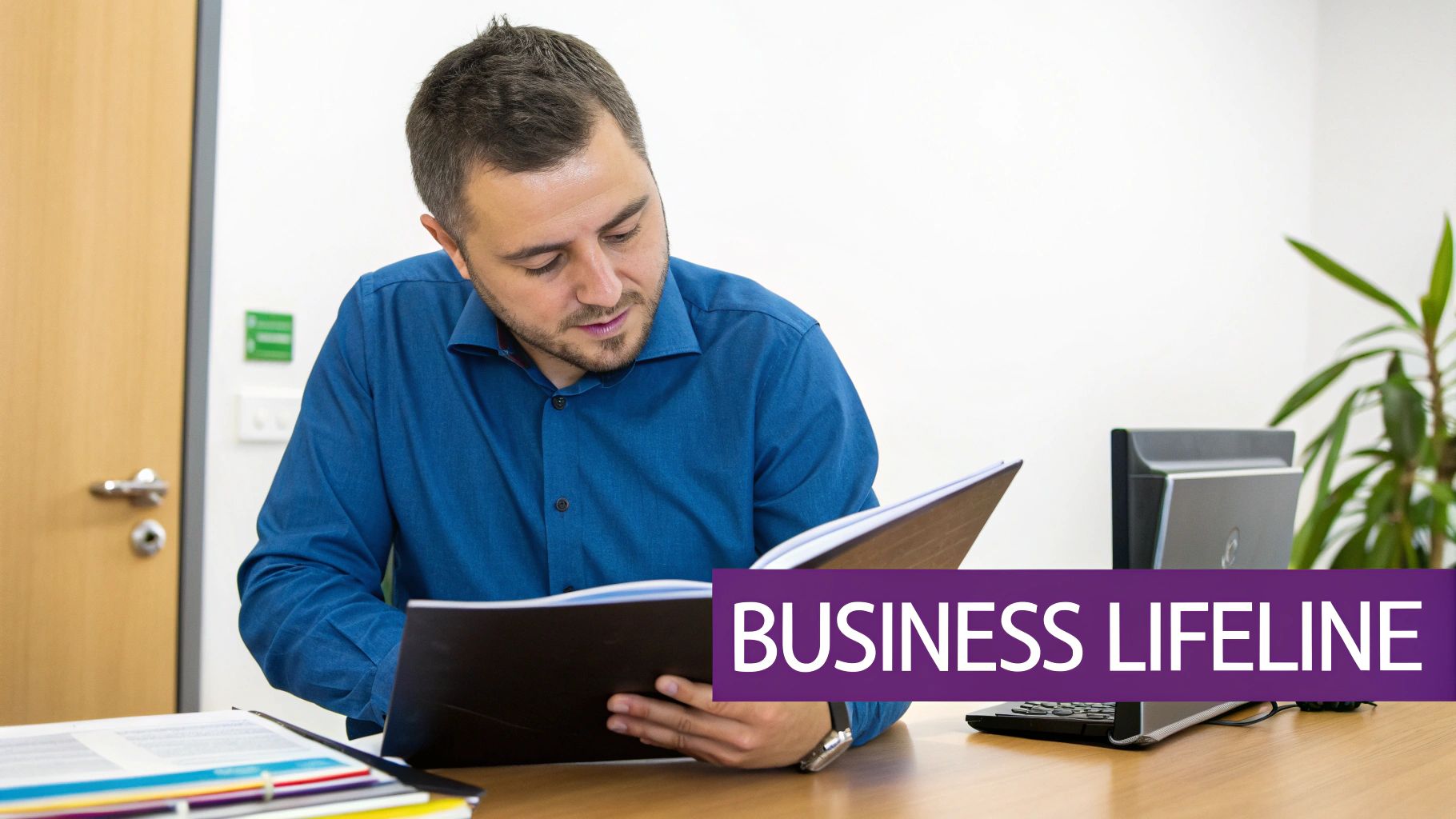 A man in a blue shirt is focused on documents in a folder at an office desk, with 'BUSINESS LIFELINE' text overlay.