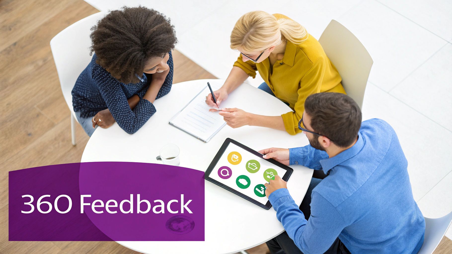 Three colleagues collaborate around a table, discussing documents and using a tablet with '360 Feedback' text overlay.