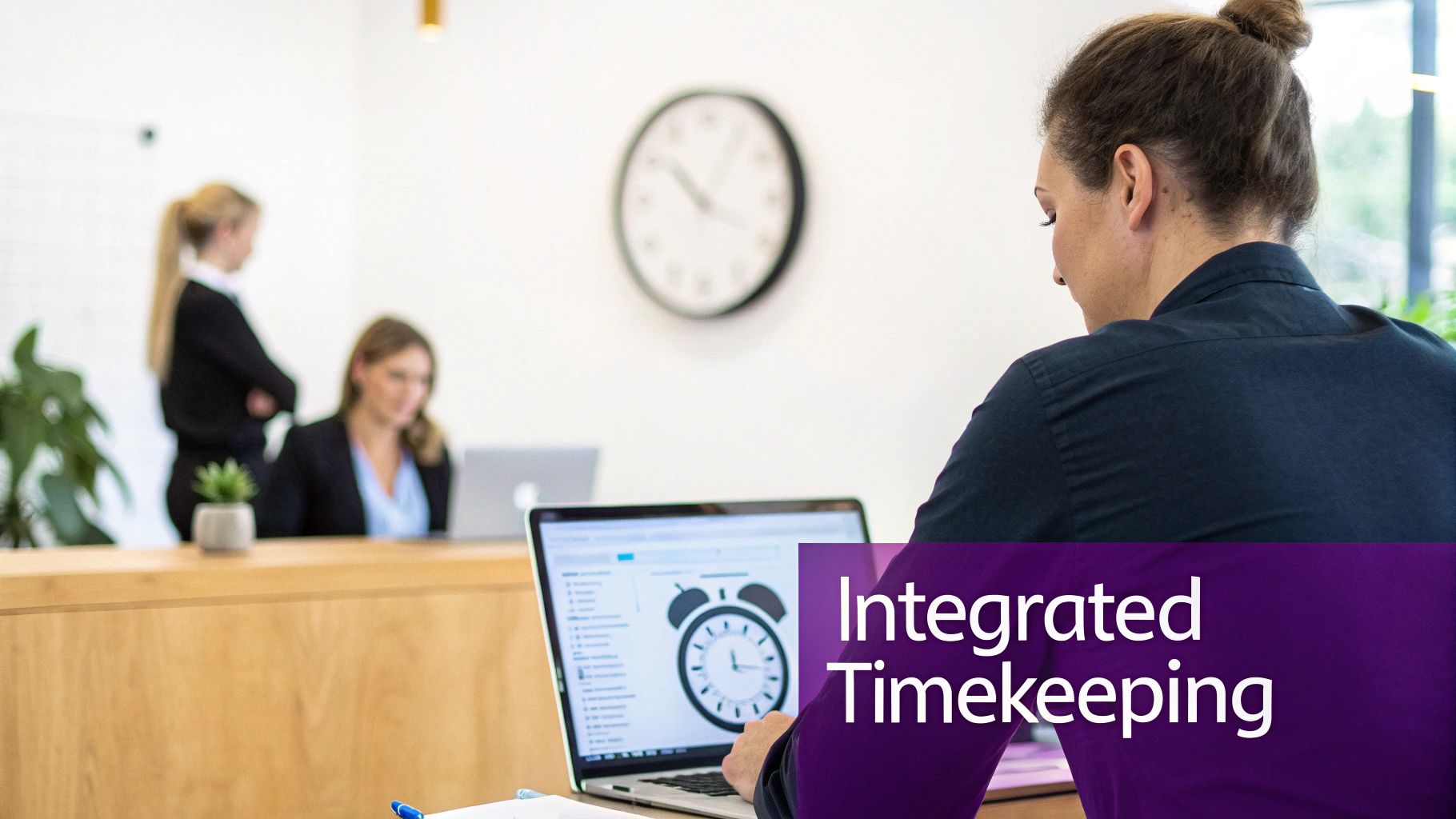 Woman using an integrated timekeeping system on a laptop in a modern office environment.
