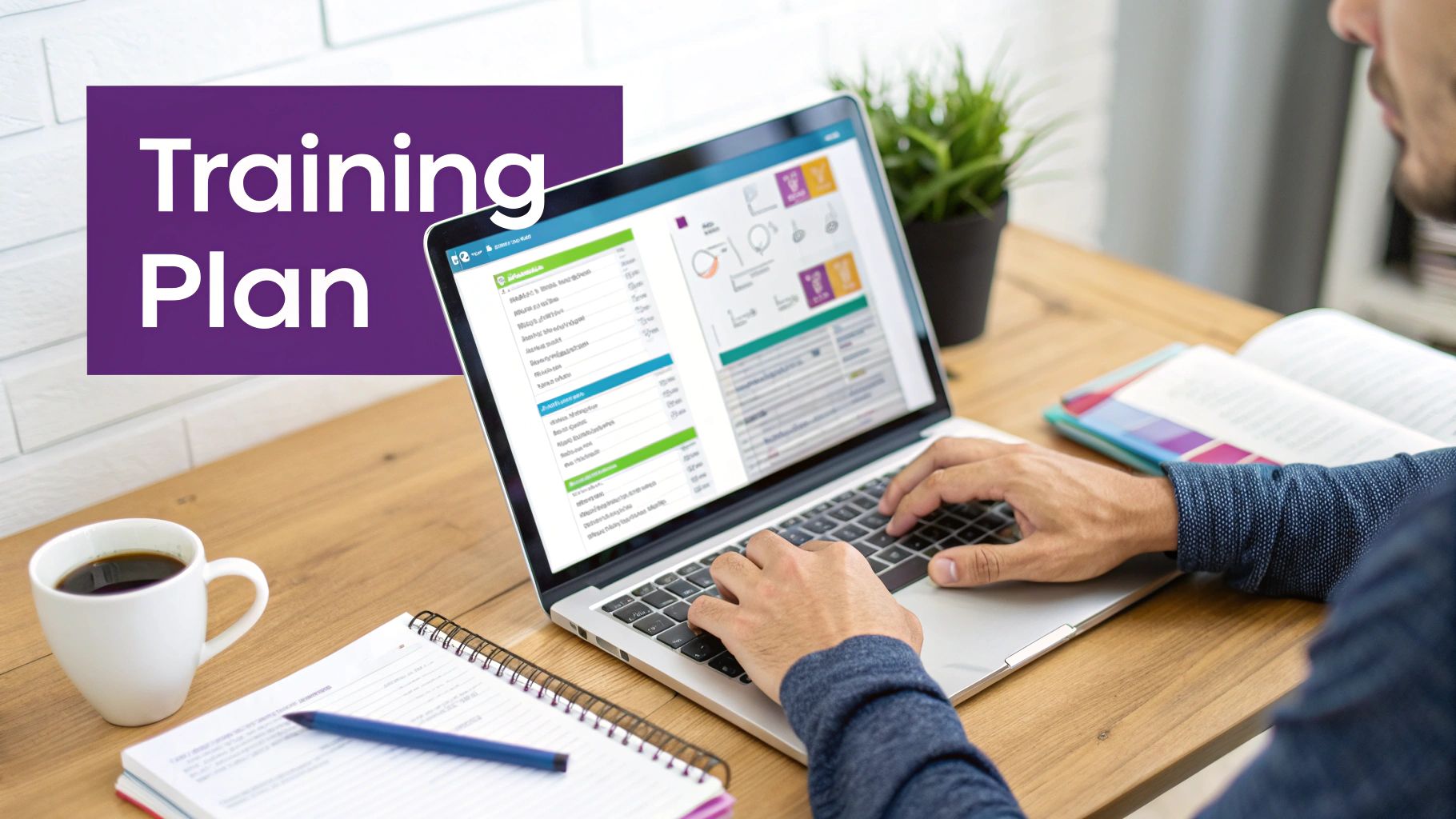 Person working on a laptop with a 'Training Plan' overlay, coffee, and notebook, on a wooden desk.