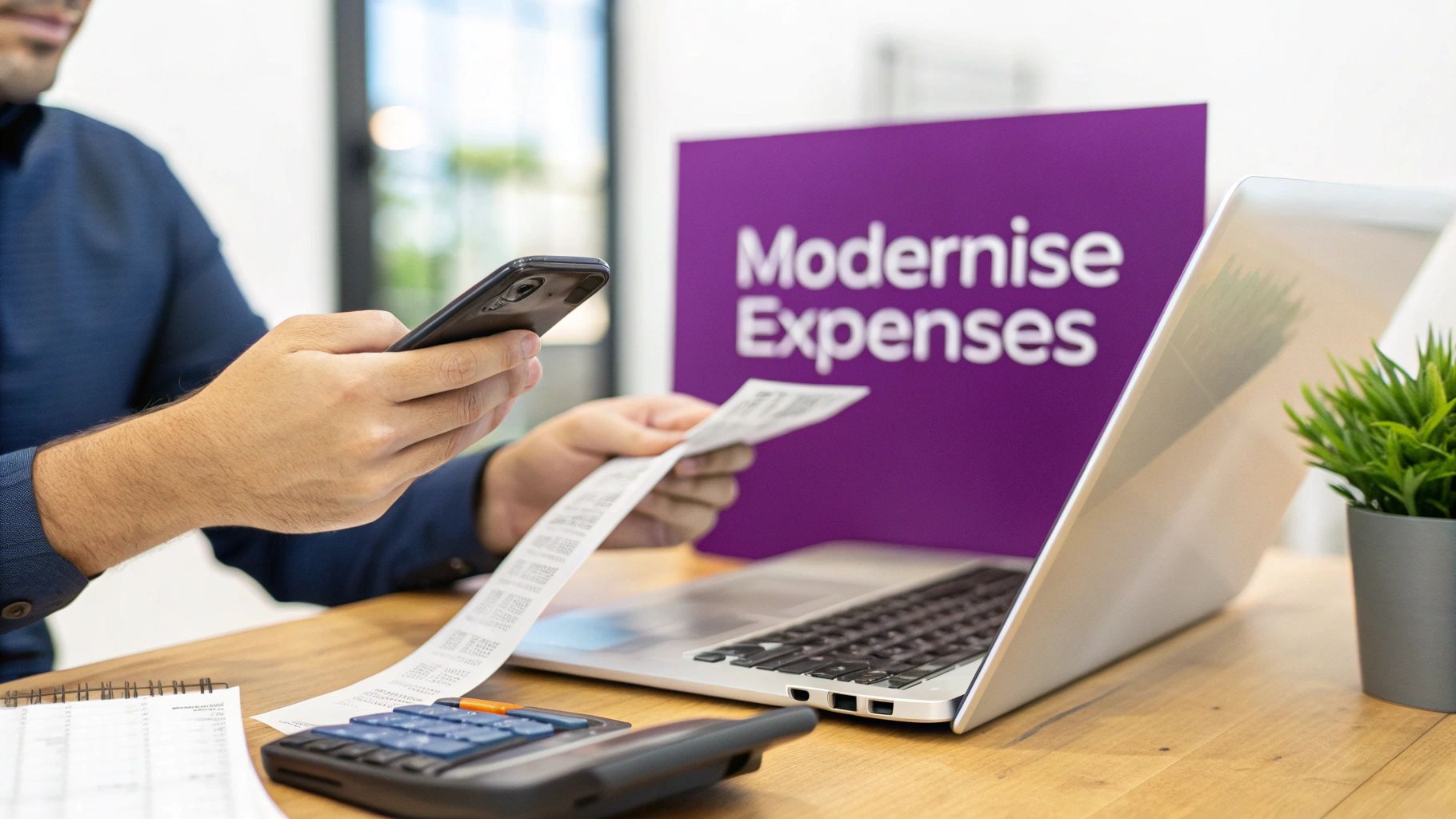 Person uses smartphone to scan a long receipt on a desk with a laptop, calculator, and 'Modernise Expenses' sign.