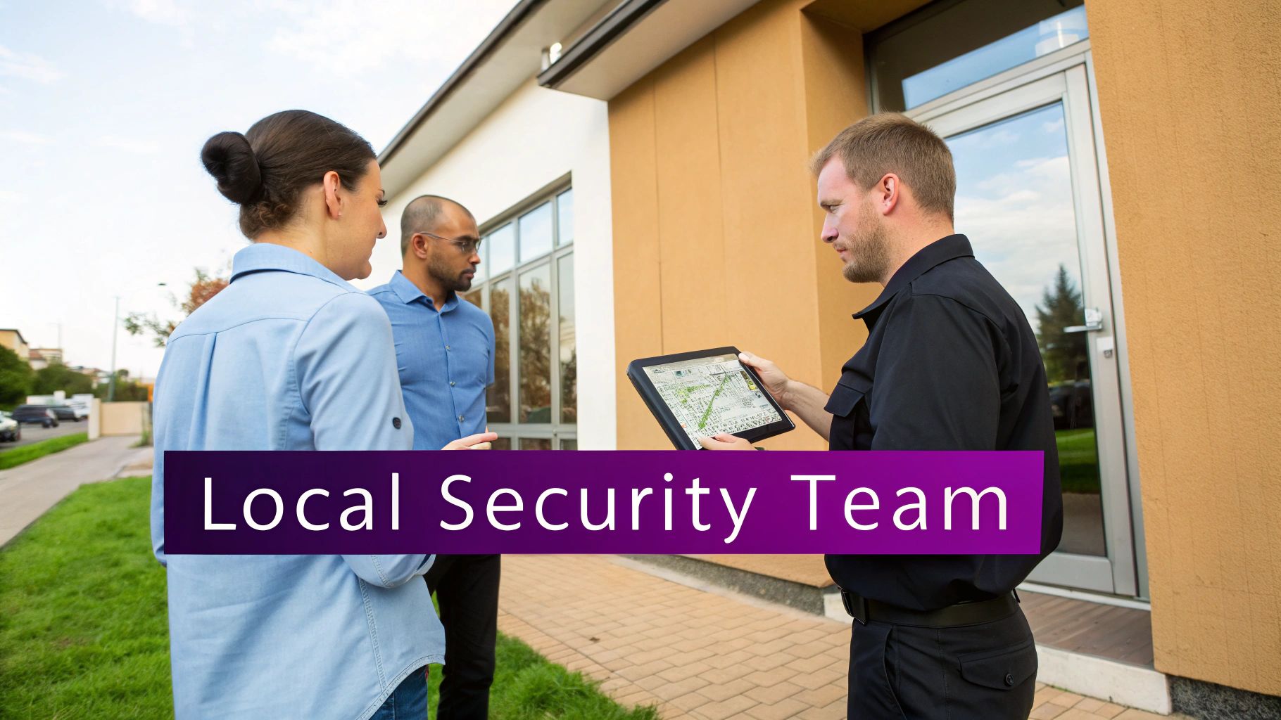A security professional in black uniform shows a map on a tablet to a woman and a man outdoors.