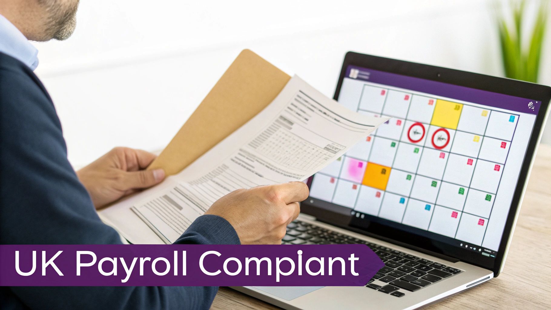 A person reviews payroll documents and a digital calendar on a laptop, emphasizing UK payroll compliance.