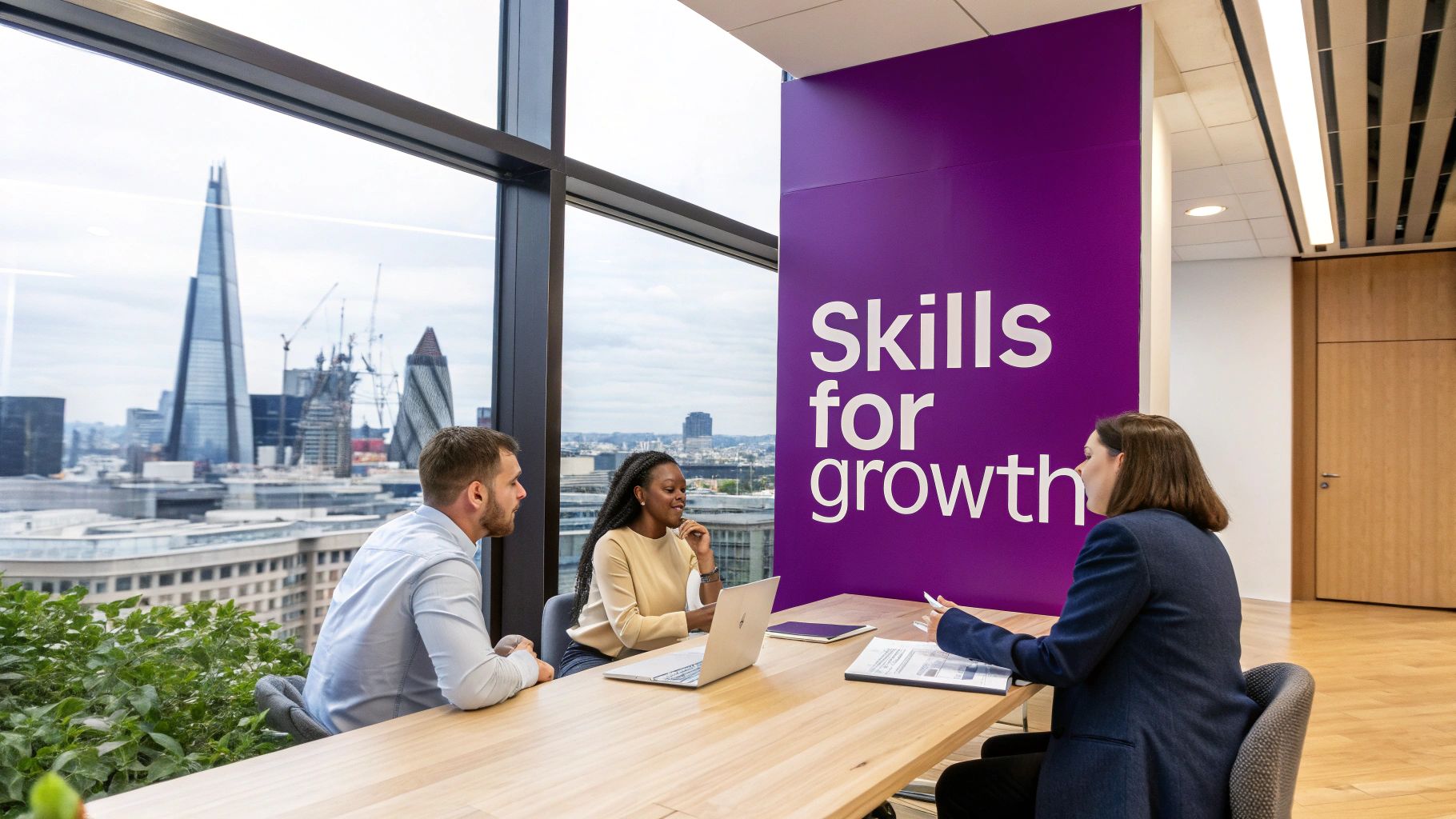 Three professionals in a modern office meeting, overlooking London cityscape with "Skills for growth" wall.