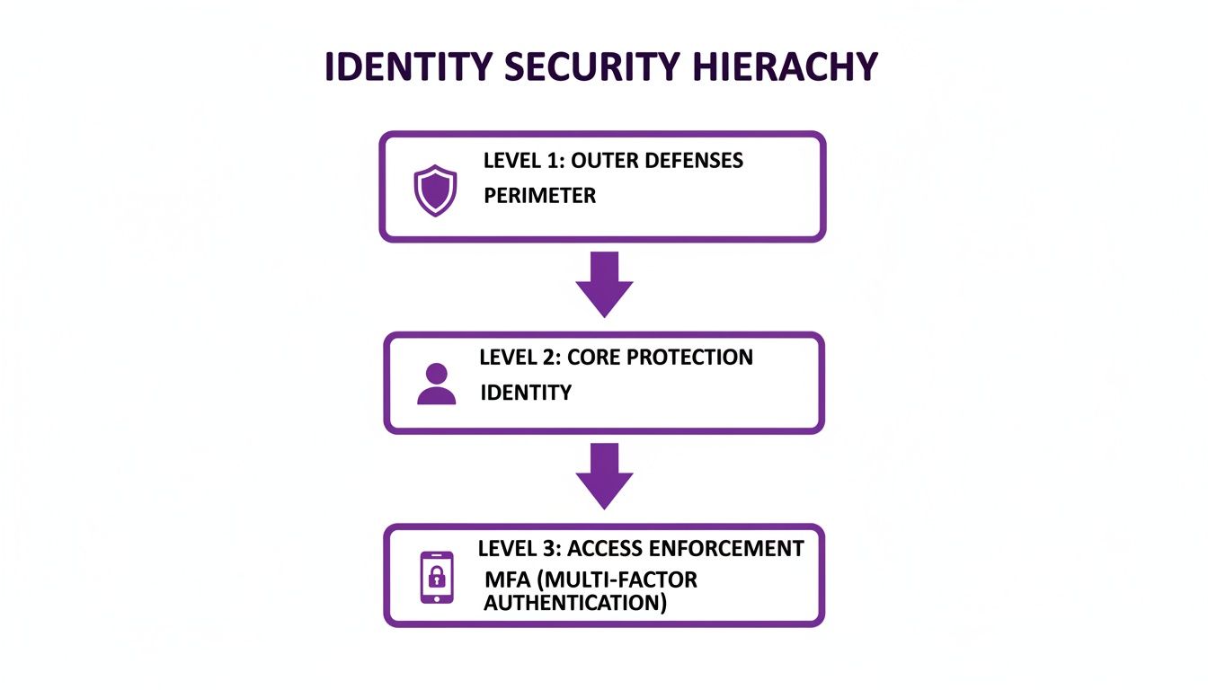 Diagram illustrating the three-level identity security hierarchy: perimeter, identity, and multi-factor authentication.