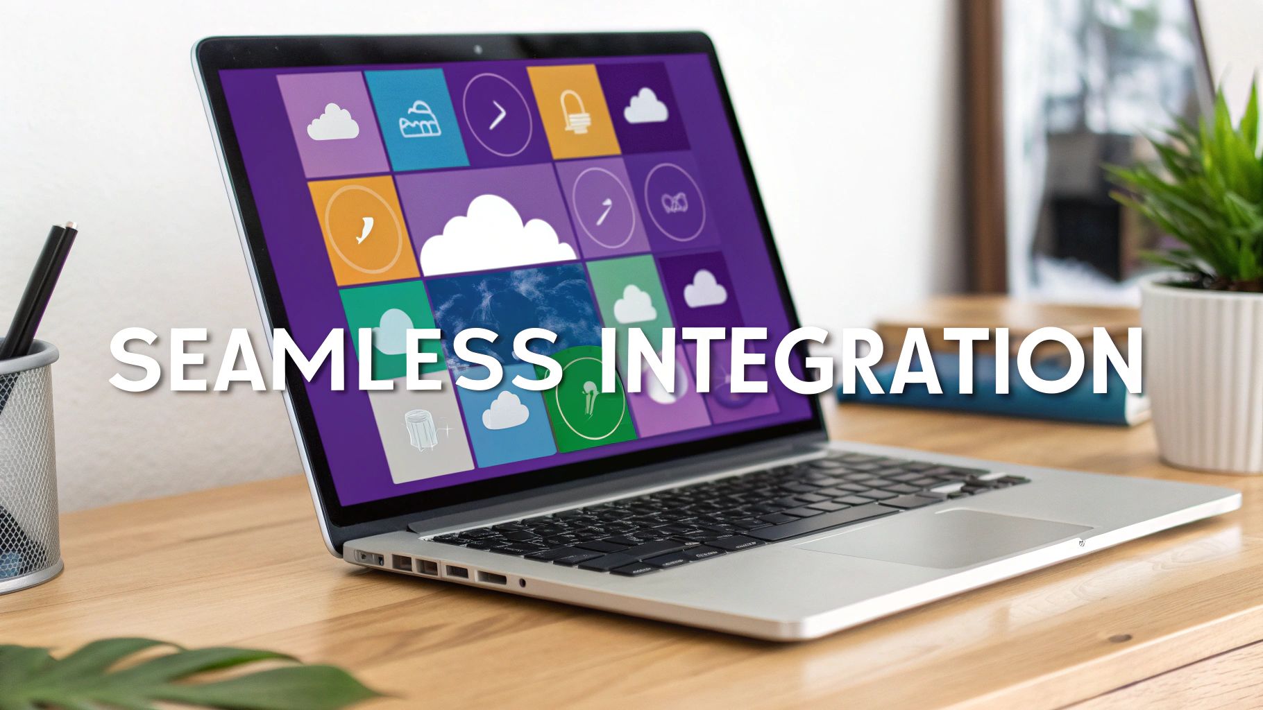 Laptop displaying a colorful app interface with icons and 'SEAMLESS INTEGRATION' text on a wooden desk.