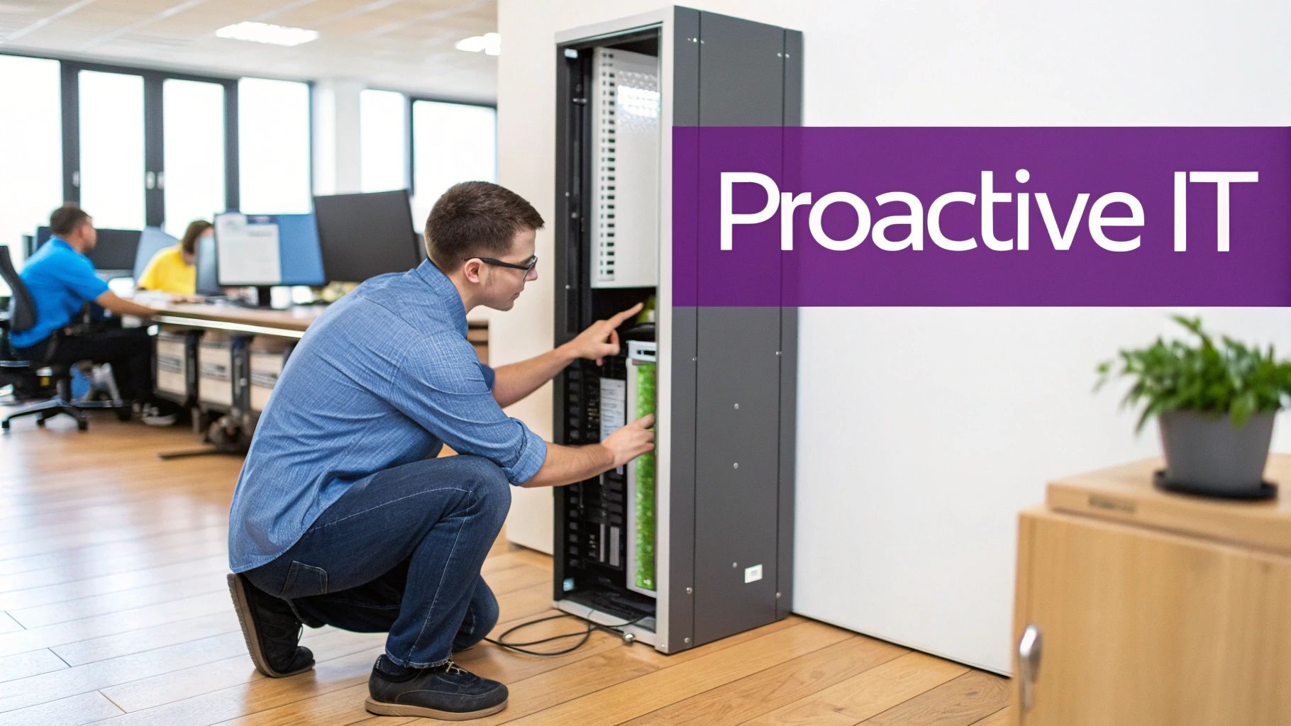 An IT technician crouches, maintaining a server rack in a modern office environment, with a 'Proactive IT' banner.