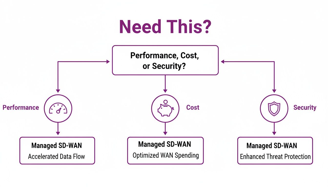Flowchart illustrating Managed SD-WAN benefits for performance, cost, and security.