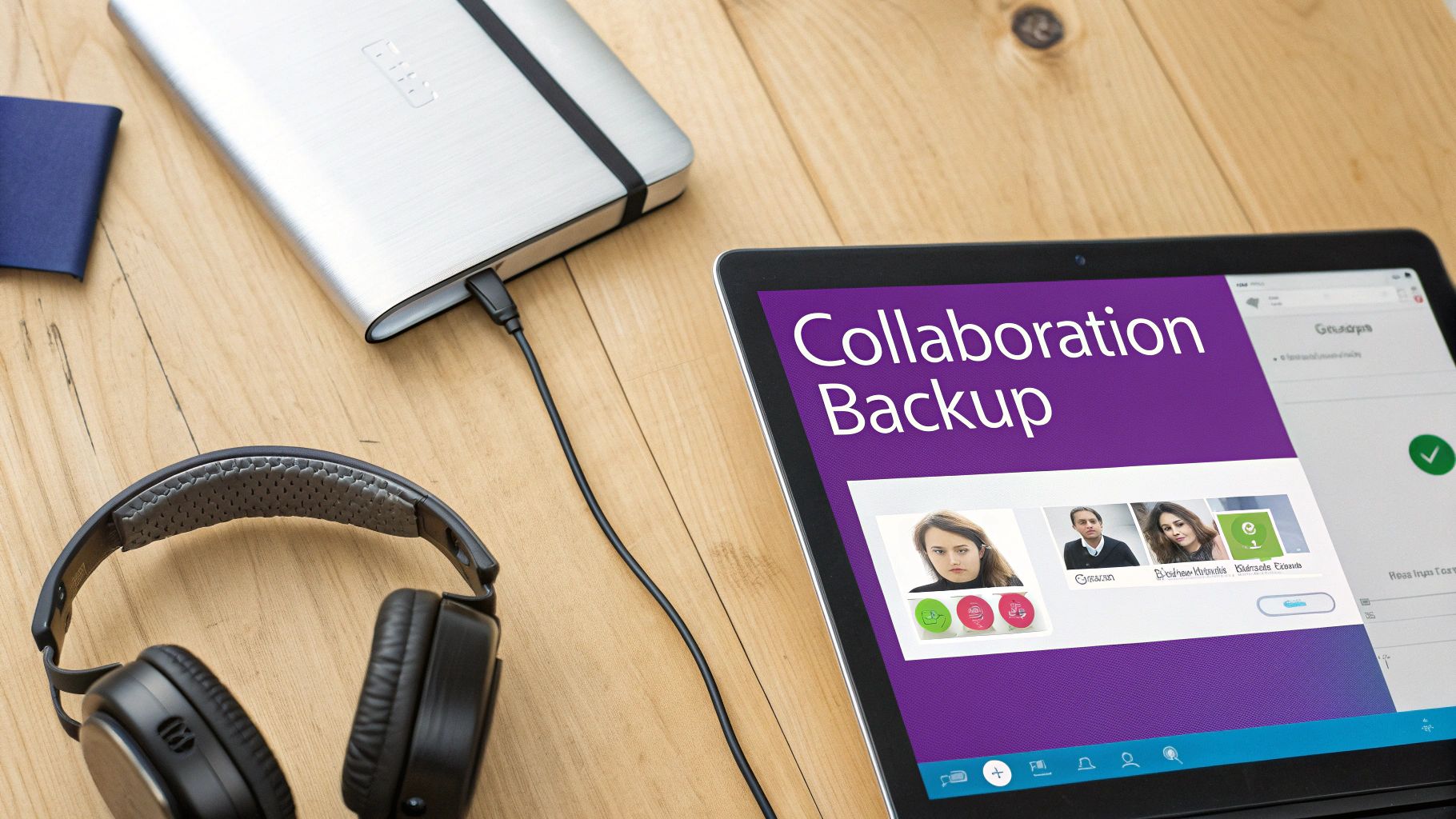 A tablet displays 'Collaboration Backup' software, connected to an external hard drive, with headphones.