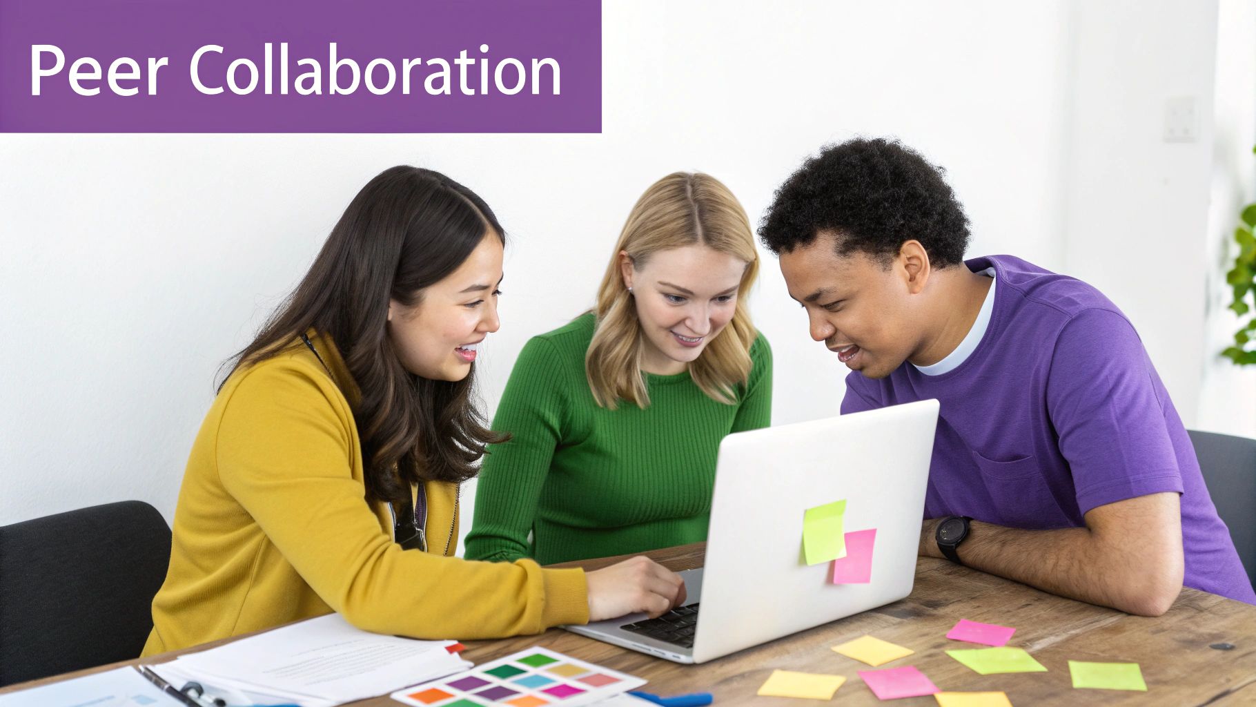 Three diverse young adults collaborate around a laptop with sticky notes, smiling and working together.
