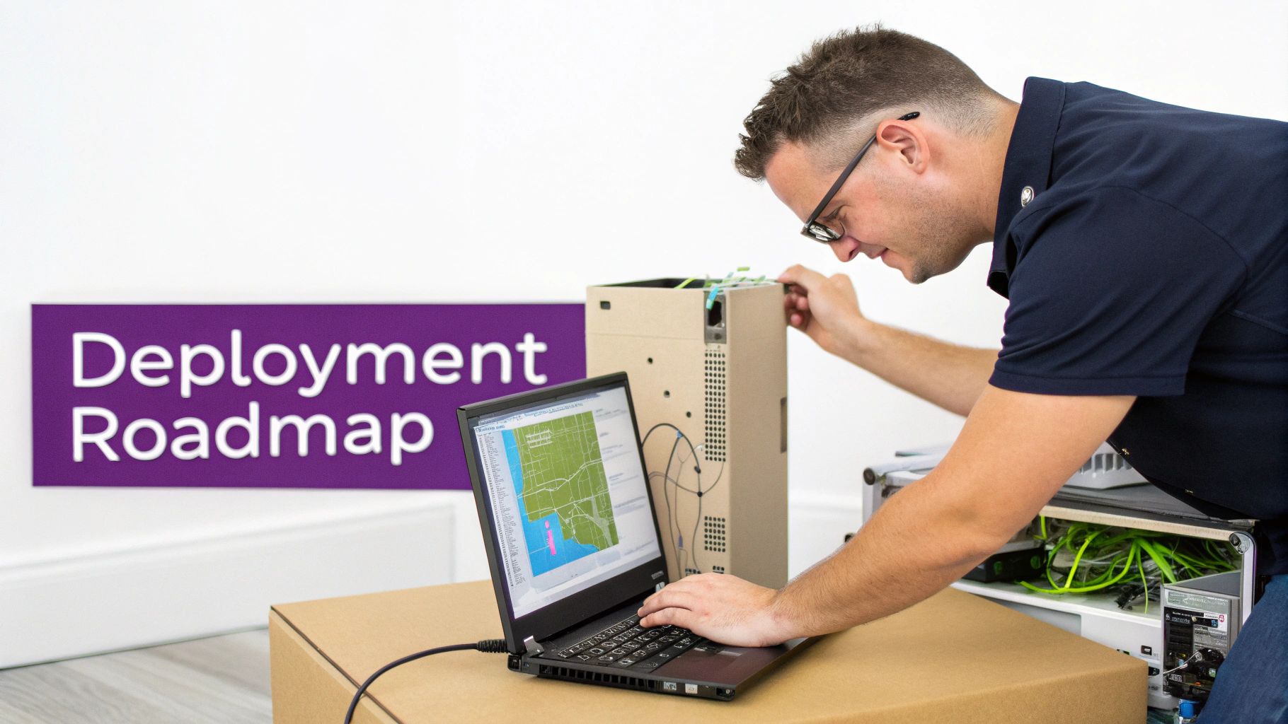 A man works on networking hardware with a laptop displaying a deployment roadmap map.