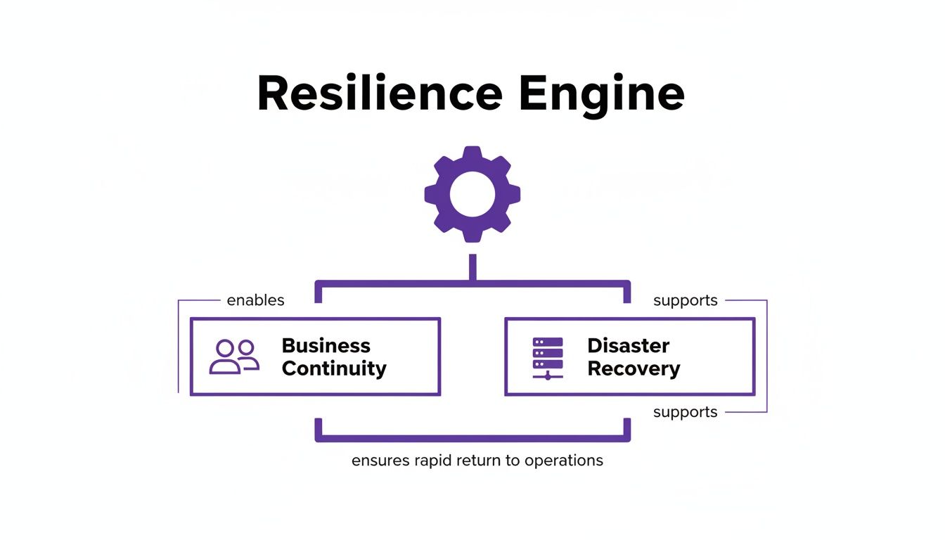 A diagram illustrates a Resilience Engine, a gear icon, enabling Business Continuity and supporting Disaster Recovery to ensure rapid return to operations.