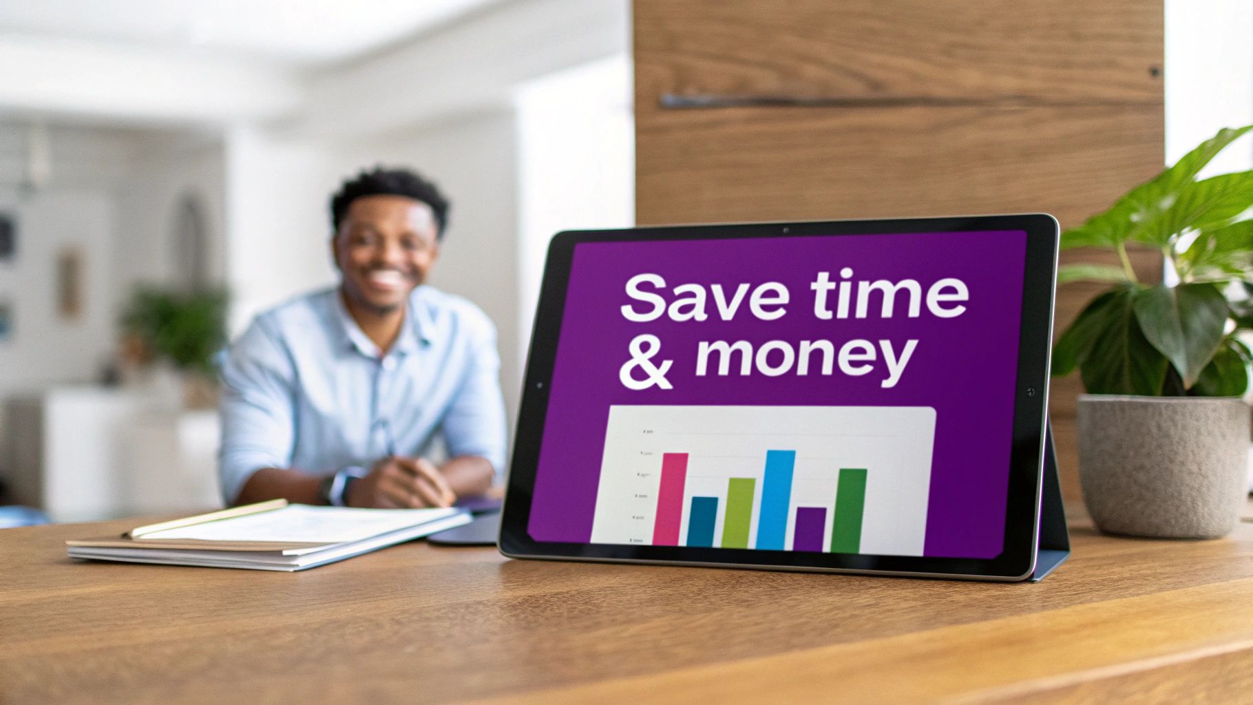 A graphic showing upward-trending charts and smiling employees, representing the positive business outcomes of automation.