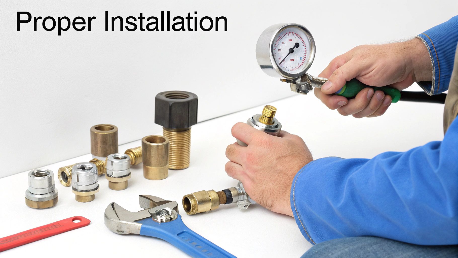 A person installs plumbing parts and a pressure gauge, surrounded by various fittings and tools on a white surface.