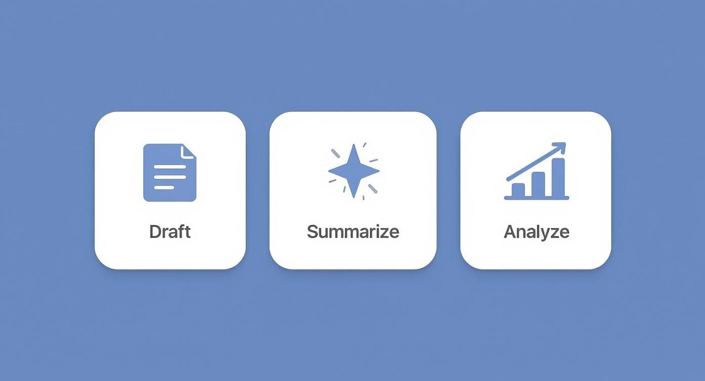 Three cards on a blue background showing icons and text: Draft, Summarize, and Analyze AI features.